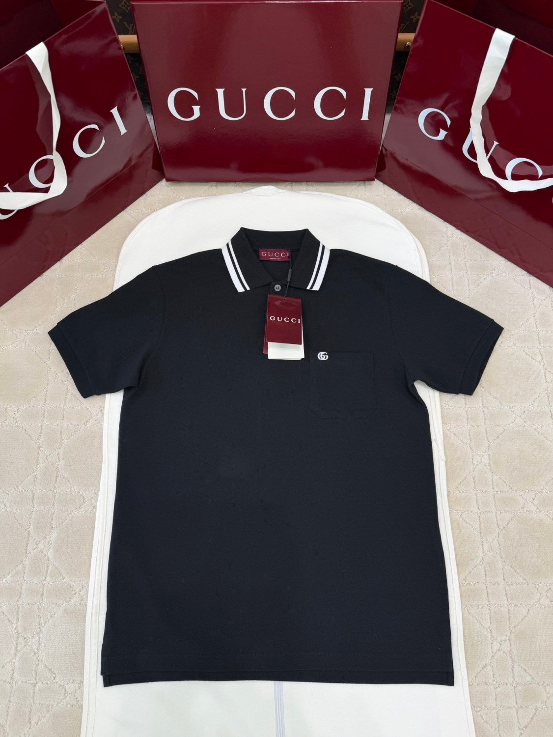 Gucci Men's Summer Striped Lapel Solid Color Straight Cotton Polo Shirt Short Sleeve T-Shirt #75296