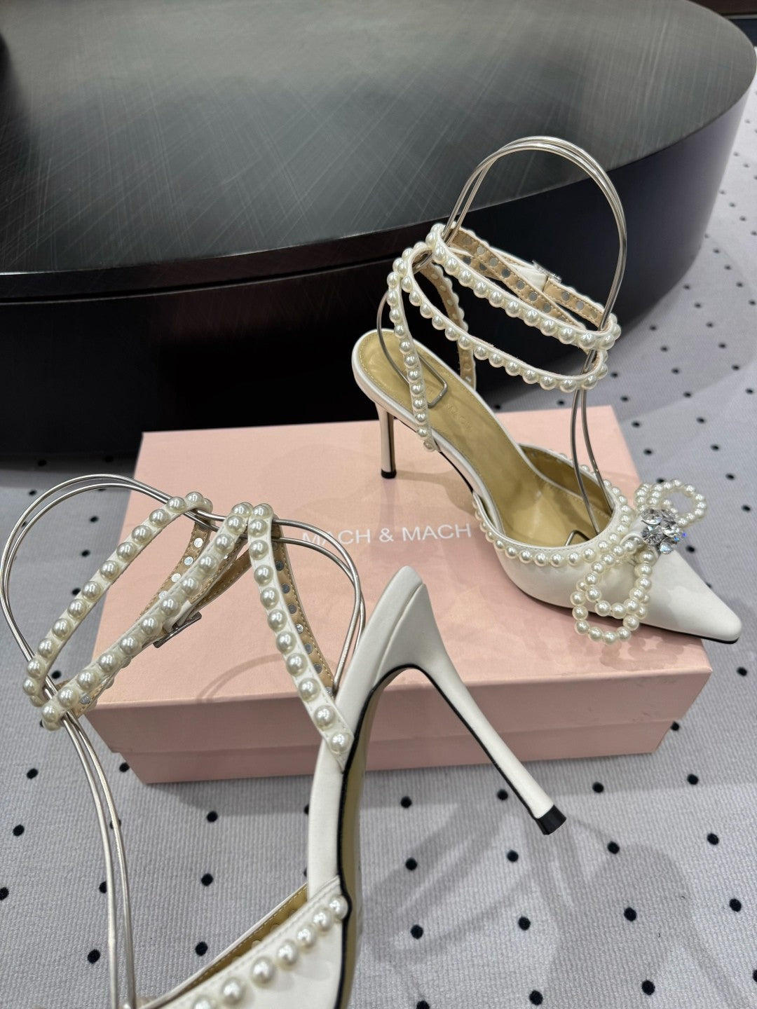 Mach & Mach Women's Spring. Summer And Autumn Pointed Toe Pearl Decorated Solid Color High Heels Fine Heeled 9cm Casual Sandals Shoes #77674