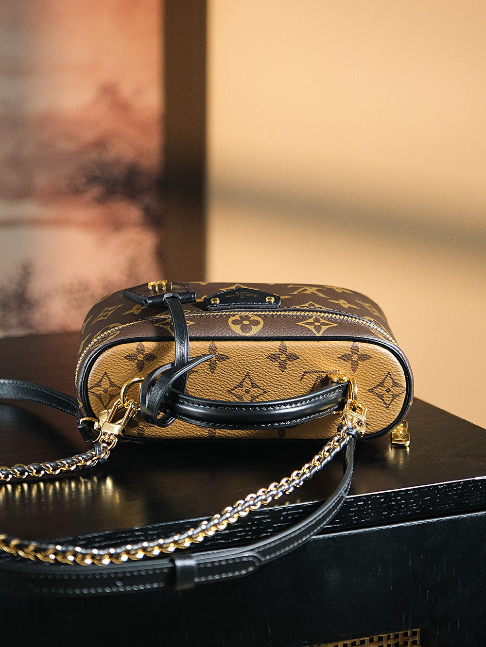 Louis Vuitton Vanity Chain Pouch Women's Brown Monogrammed Pendant Zipper Closure Calfskin Gloves Cosmetic Bag Bags #75134