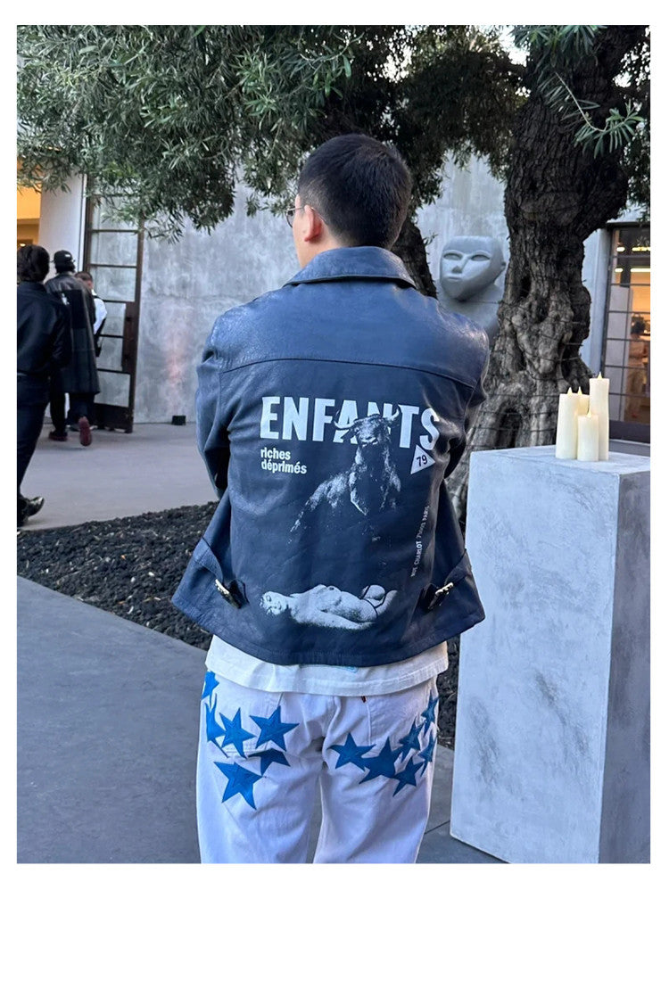 Enfants Riches Deprimes Men's Spring. Autumn And Winter Washed And Aged Crackle Pattern Printed Zipper Solid Color Long Sleeve Cowhide Jacket Ngvp #9337