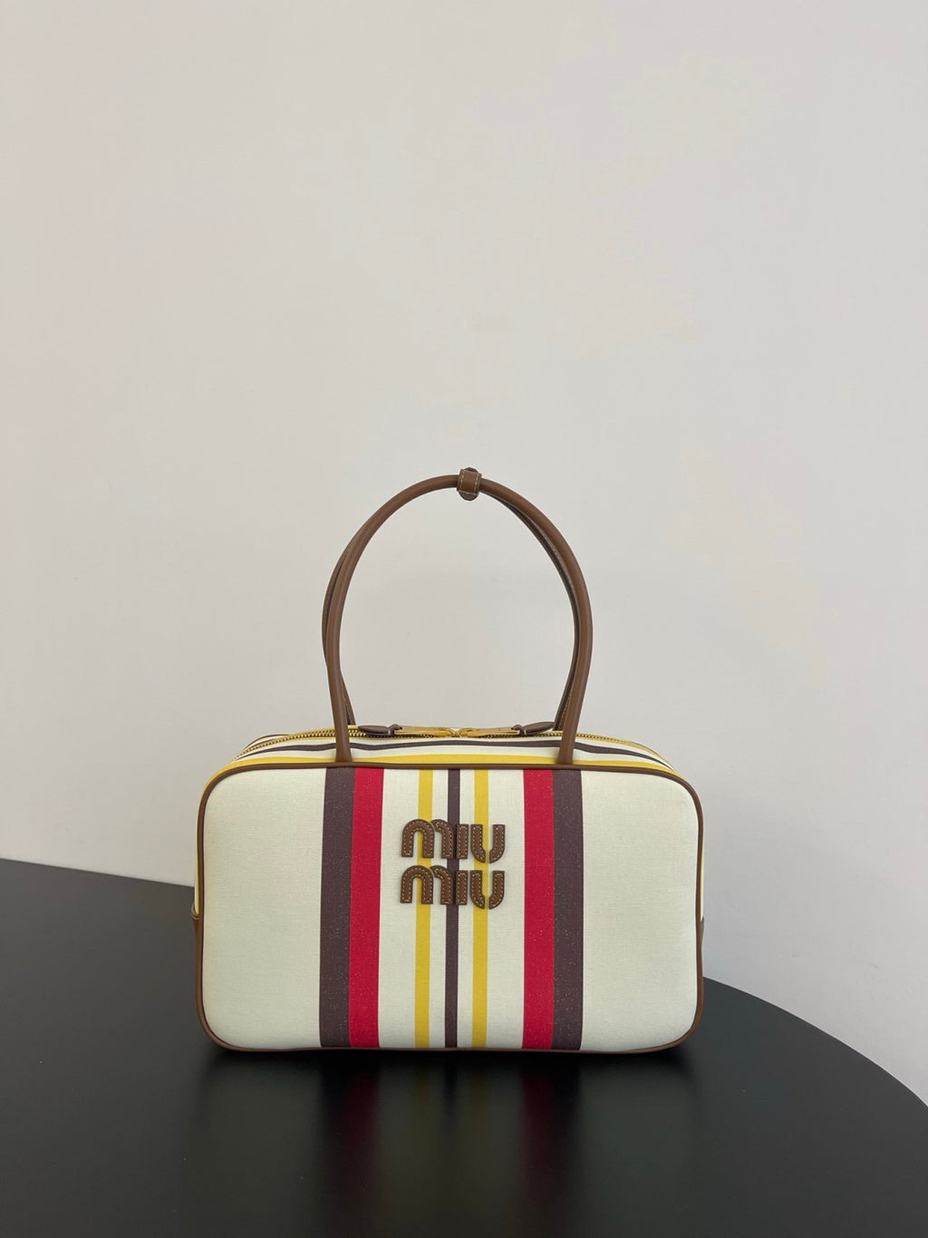 MiuMiu Beau Women's Embroidered Logo Print Striped Canvas And Calfskin Handbag Shoulder Bag Bags #77933