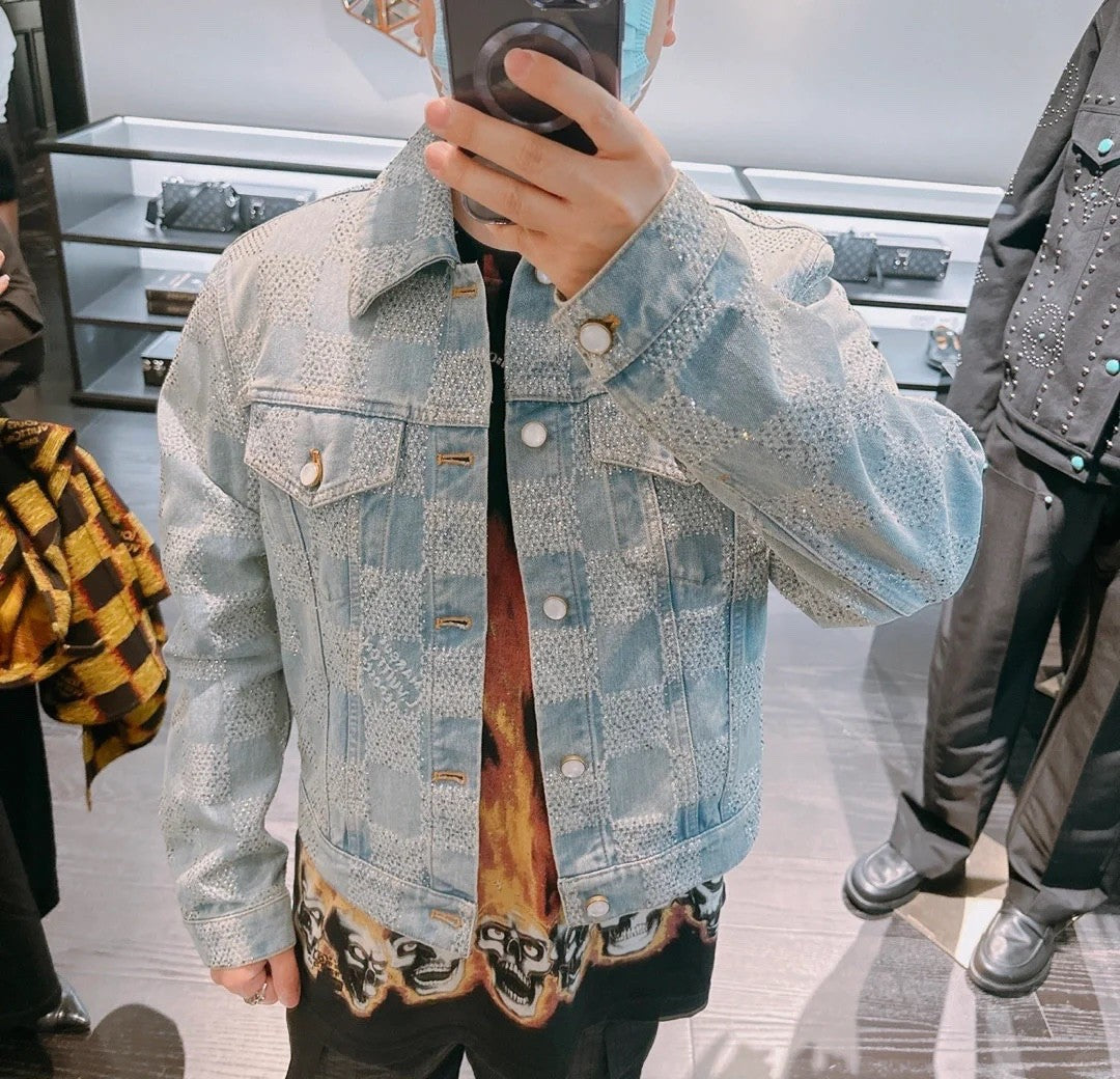 Louis Vuitton Men's Fall And Winter Mto Embellished Damier Denim Jacket Checkerboard Checkered Jacket With Diamonds Fashionable Versatile Jacket Ngvp #9126