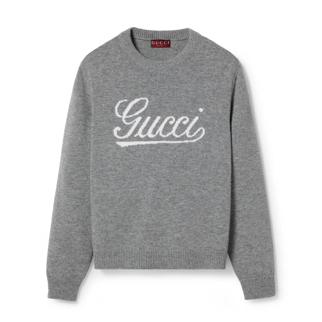 Gucci Men's Autumn and Winter Gray Logo Letter Applique Crew Neck Pullover Wool Long Sleeve Sweater #286788