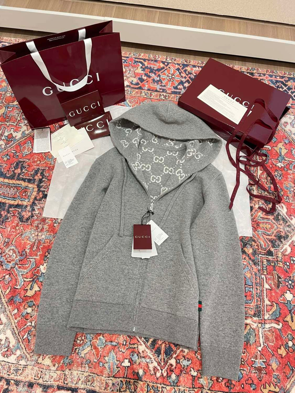 Gucci Men's Autumn and Winter Gray Full Printed Reversible Hooded Zipper Long Sleeve Jacket #74292