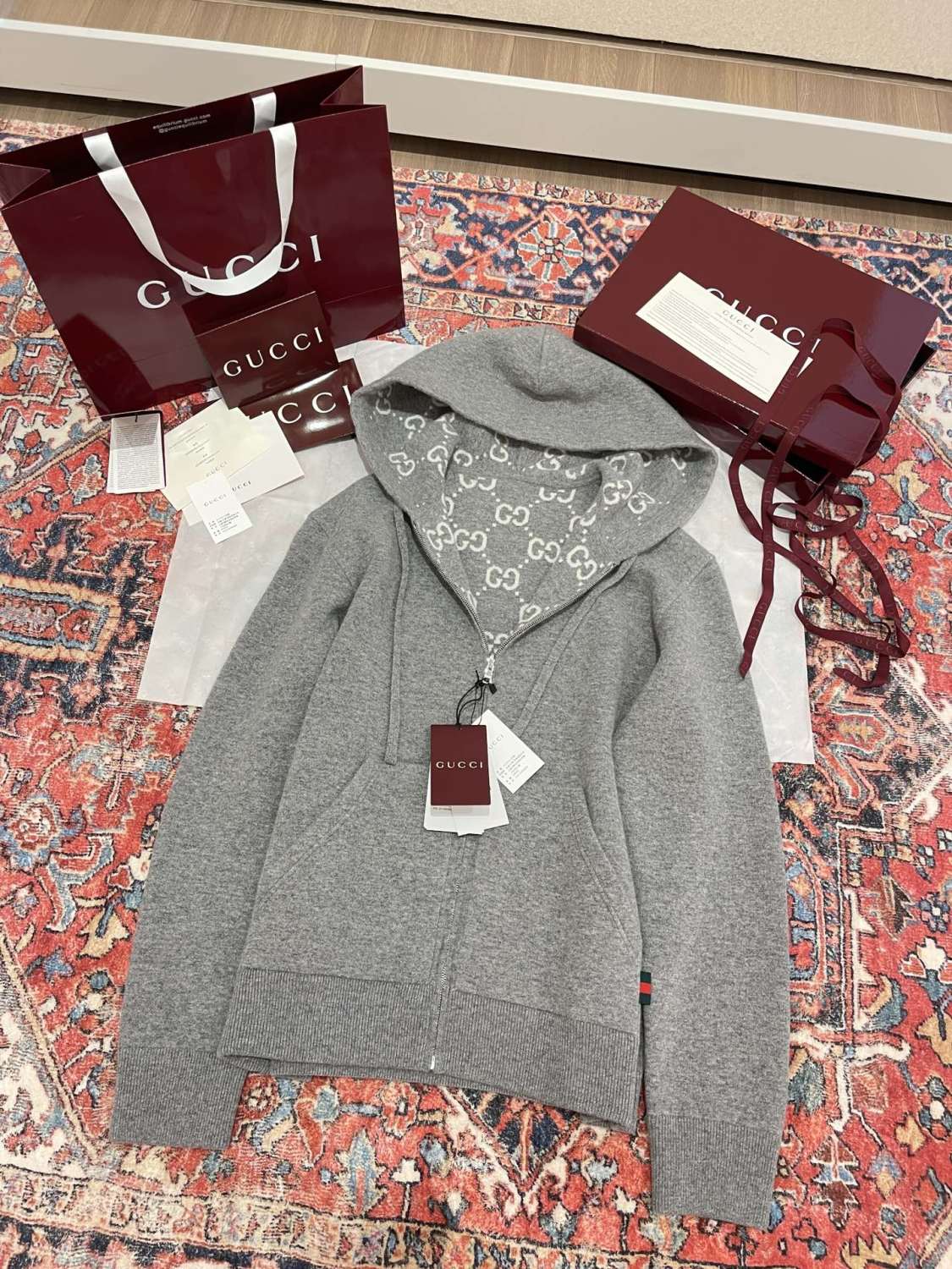 Gucci Men's Autumn and Winter Gray Full Printed Reversible Hooded Zipper Long Sleeve Jacket #74292