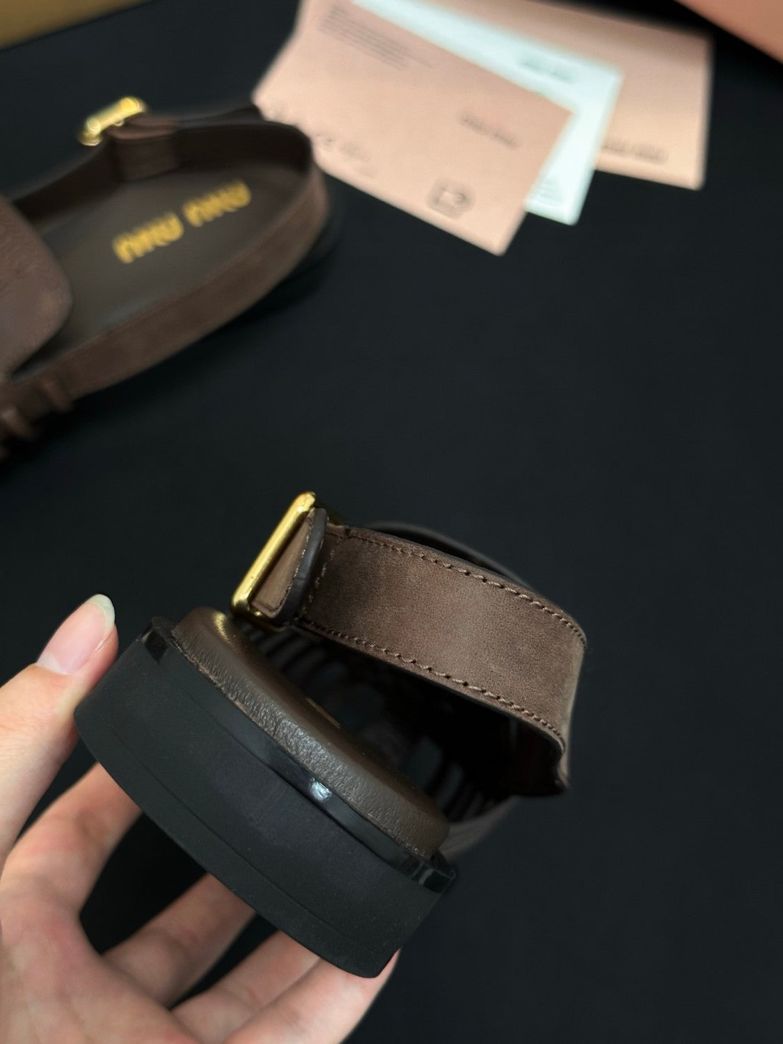 MiuMiu Coffee Leather Slingback Loafers #386850