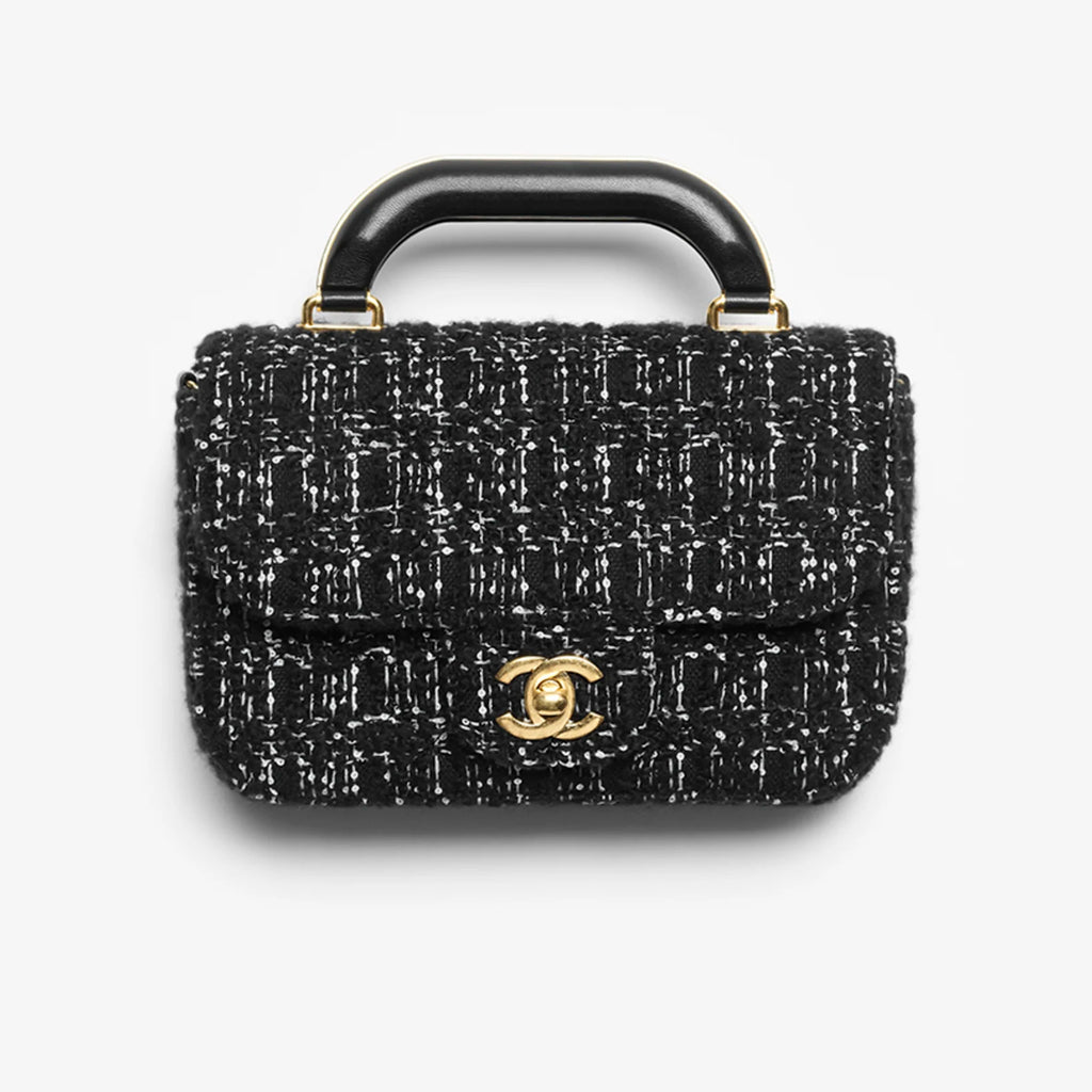 Chanel Black Gold Tweed Handle Flap Clutch Bags Small Size Fashionable Versatile Evening Bag Luxurious Women's Handbag #82444A