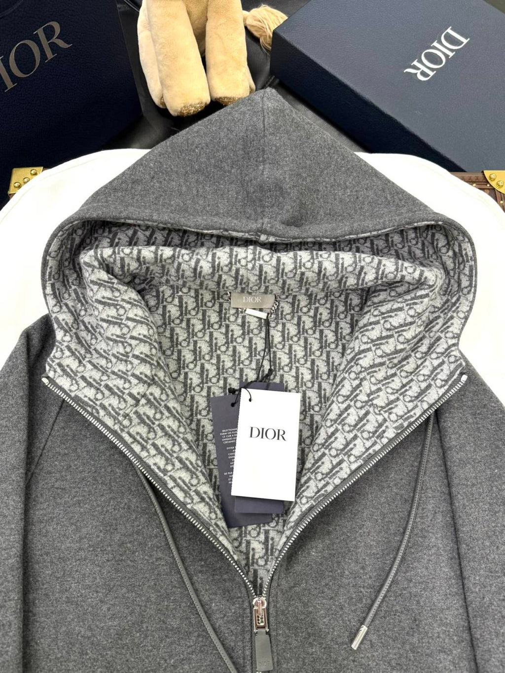 Dior Men's Spring and Autumn Solid Color Jacquard Cashmere Hooded Zipper Long Sleeve Jacket Drawstring Lace-Up Leisure Pants Suit Set #74477