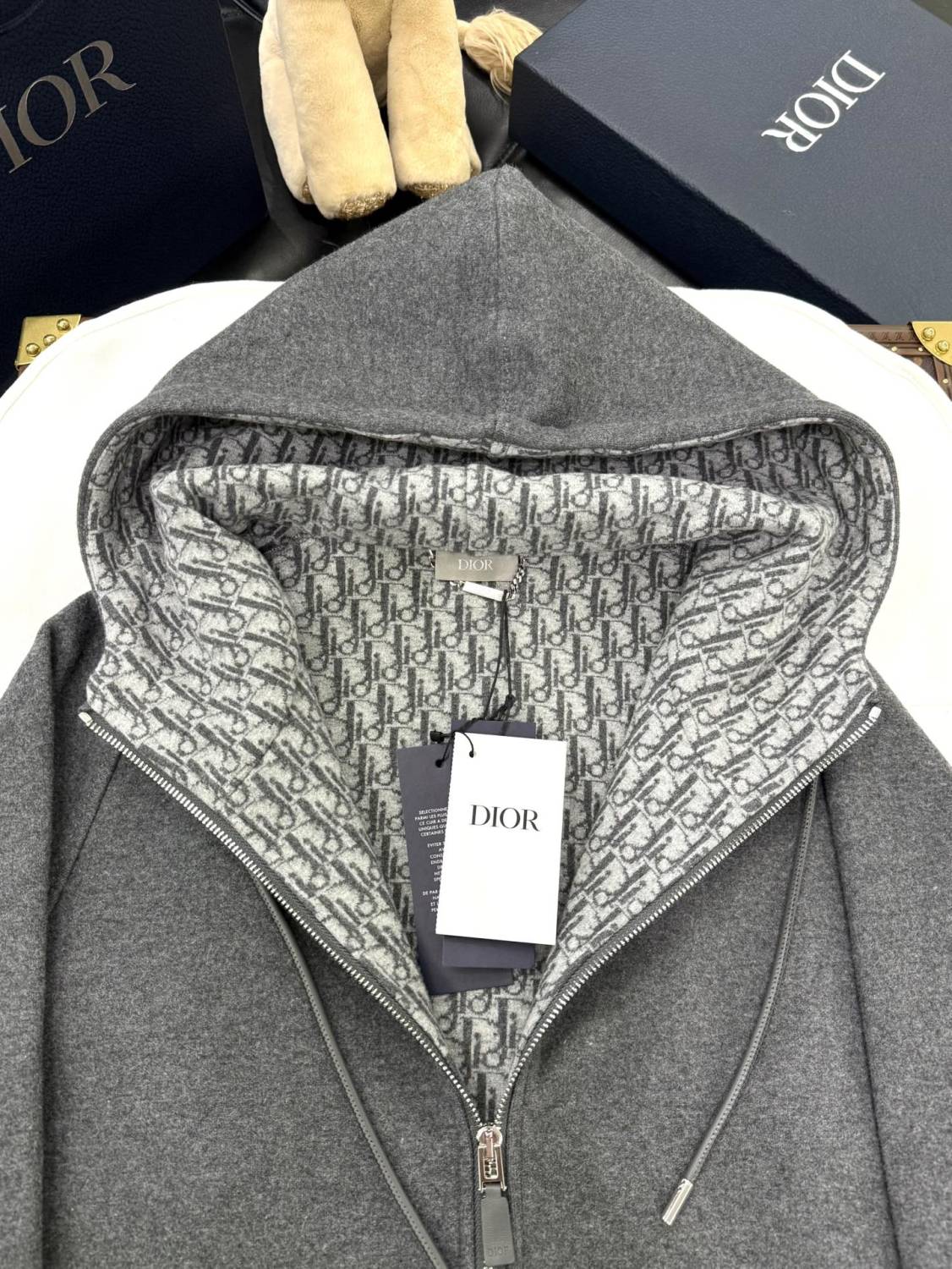 Dior Men's Spring and Autumn Solid Color Jacquard Cashmere Hooded Zipper Long Sleeve Jacket Drawstring Lace-Up Leisure Pants Suit Set #74477