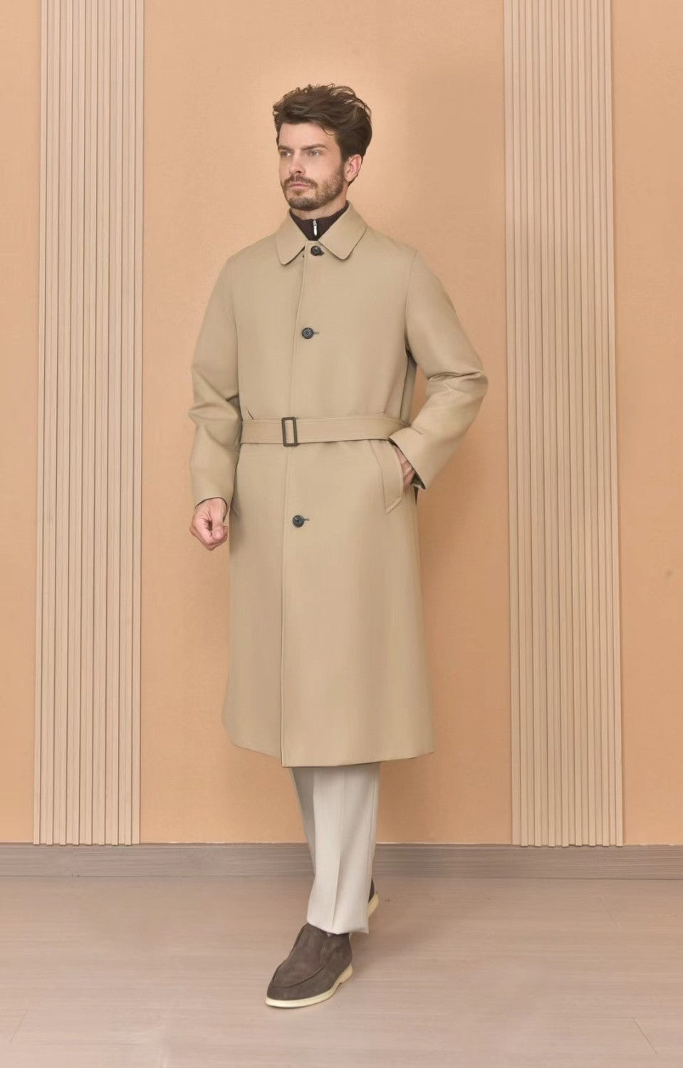 Loro Piana Men's Reversible Double-Faced Coat with Belt. Single-Button Lapel. Long Fit Jacket Ngvp #2336
