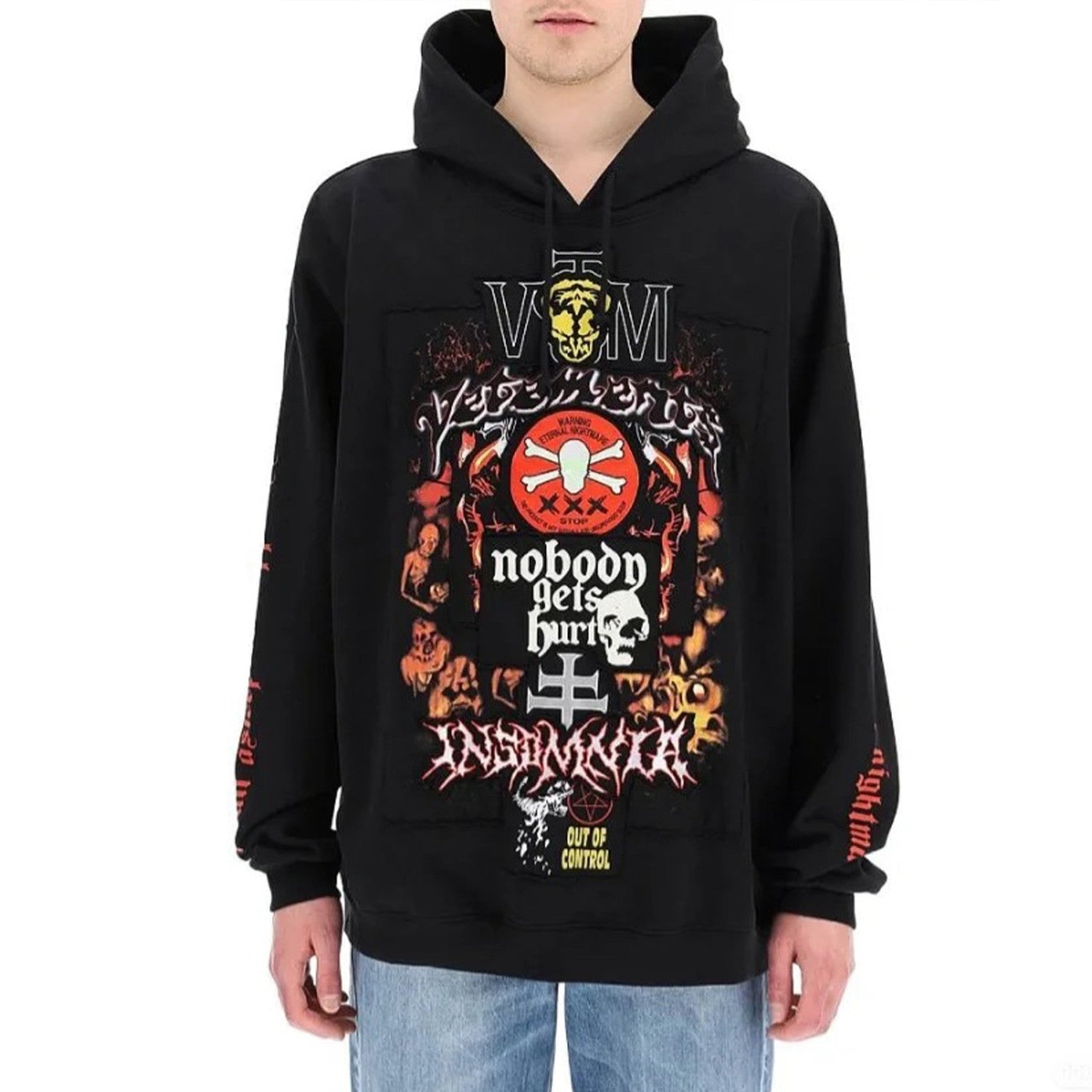 Vetements Men's Fall And Winter Black Skull Embroidery Hooded Sweatshirt Fashion Patch High Street Retro Long Sleeve Pullover Sweatshirt  Ngvp #2457