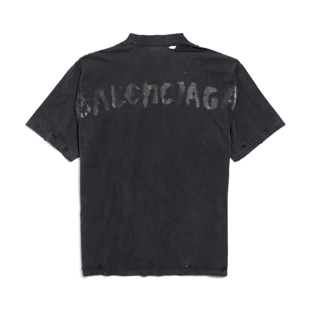 Balenciaga Women's Summer Painted Faded Washed Black Vintage Plain Knit Regular Fit Short Sleeve T-Shirt #74871