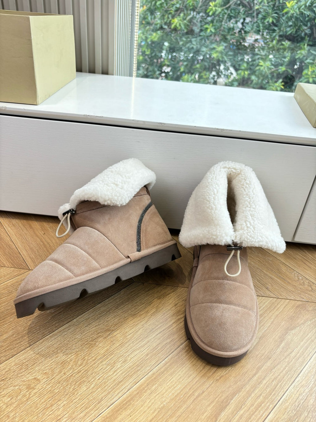 Brunello Cucinelli Women's Fall/Winter Matte Leather Solid-Color Chunky-Heel Snow Boots Short Boots Casual Cotton Slippers Shoes #81586