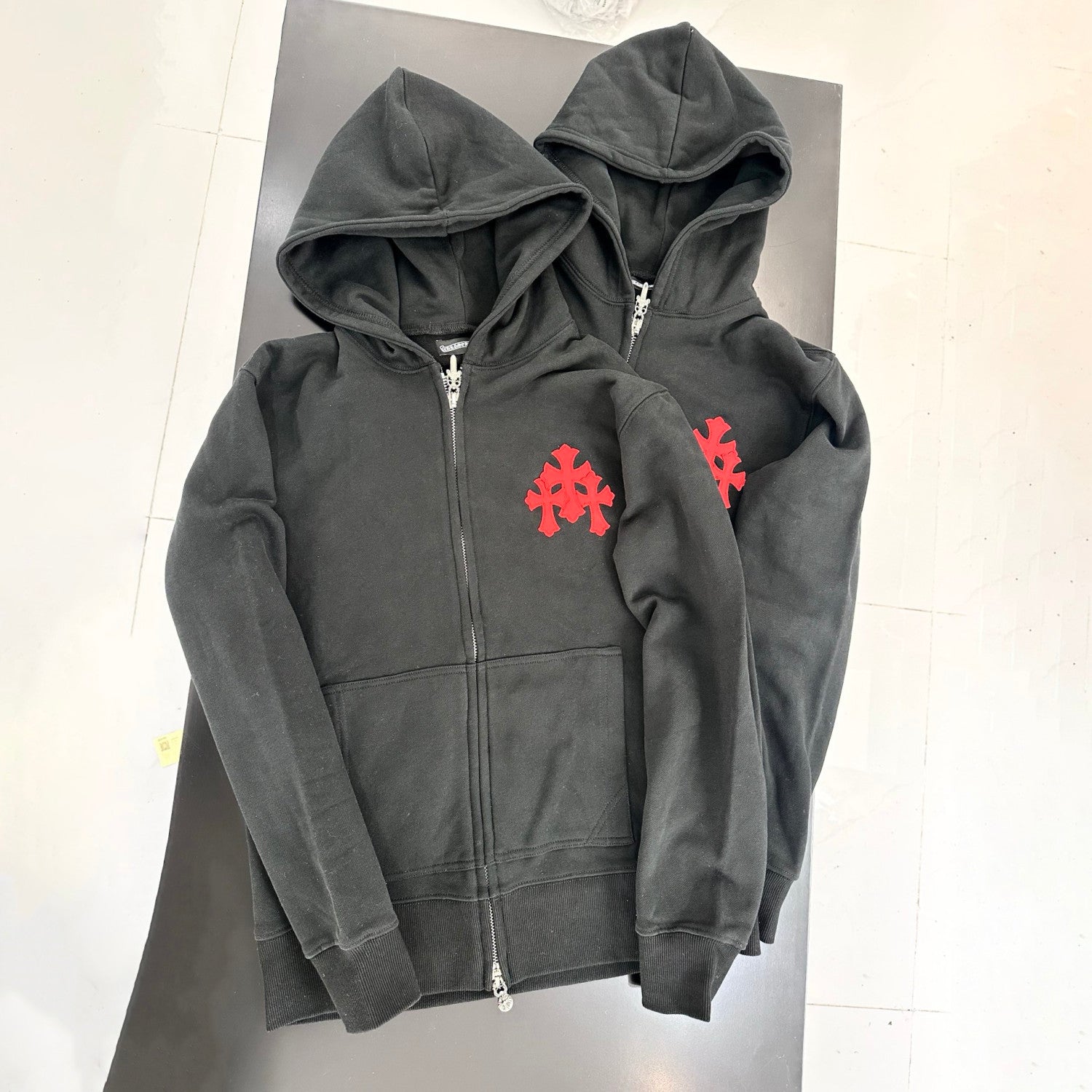 Chrome Hearts Men's and Women's Solid Color Cross Leather Label Hooded Zipper Long Sleeve Sweatshirt Jacket #77969