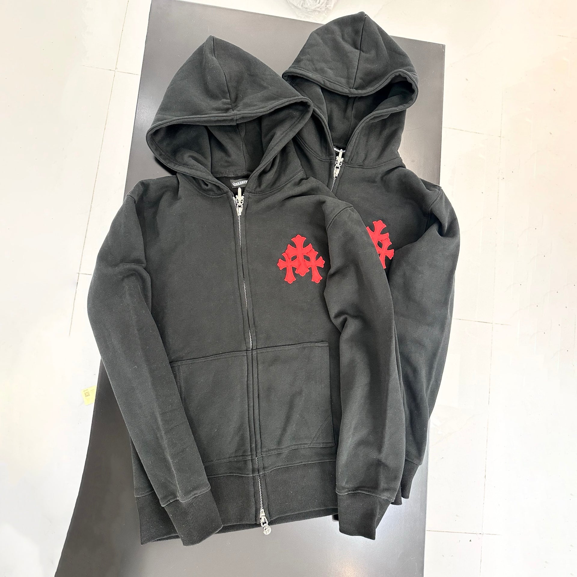 Chrome Hearts Men's and Women's Solid Color Cross Leather Label Hooded Zipper Long Sleeve Sweatshirt Jacket #77969