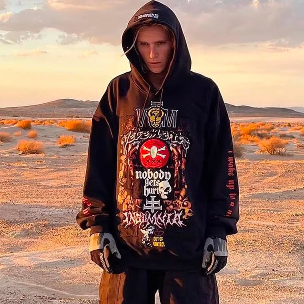 Vetements Men's Fall And Winter Black Skull Embroidery Hooded Sweatshirt Fashion Patch High Street Retro Long Sleeve Pullover Sweatshirt  Ngvp #2457