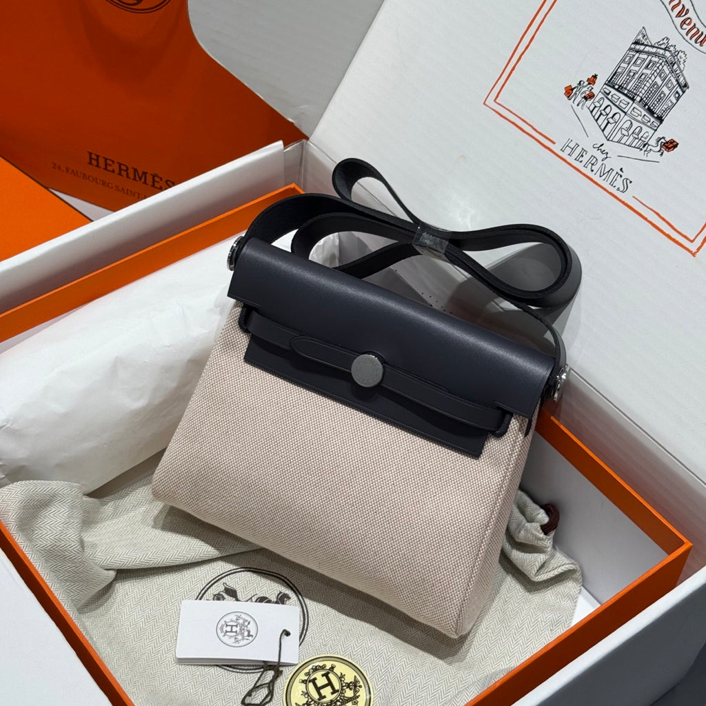 Hermes H -Mini Herbag Women's Color Blocking Metal Buckle Canvas and Cowhide Handbag Shoulder Satchel Bag Bags #76411