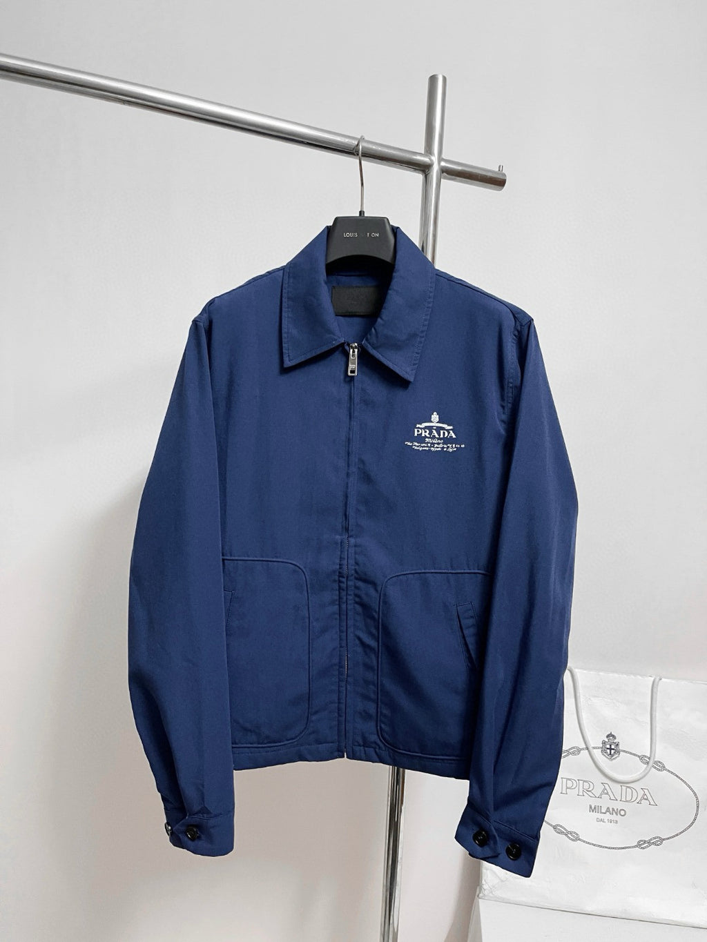 Prada Men's Spring/Fall Casual Fashion Solid Color Logo Collar Zipper Cotton Blend Long Sleeve Short Jacket #78559