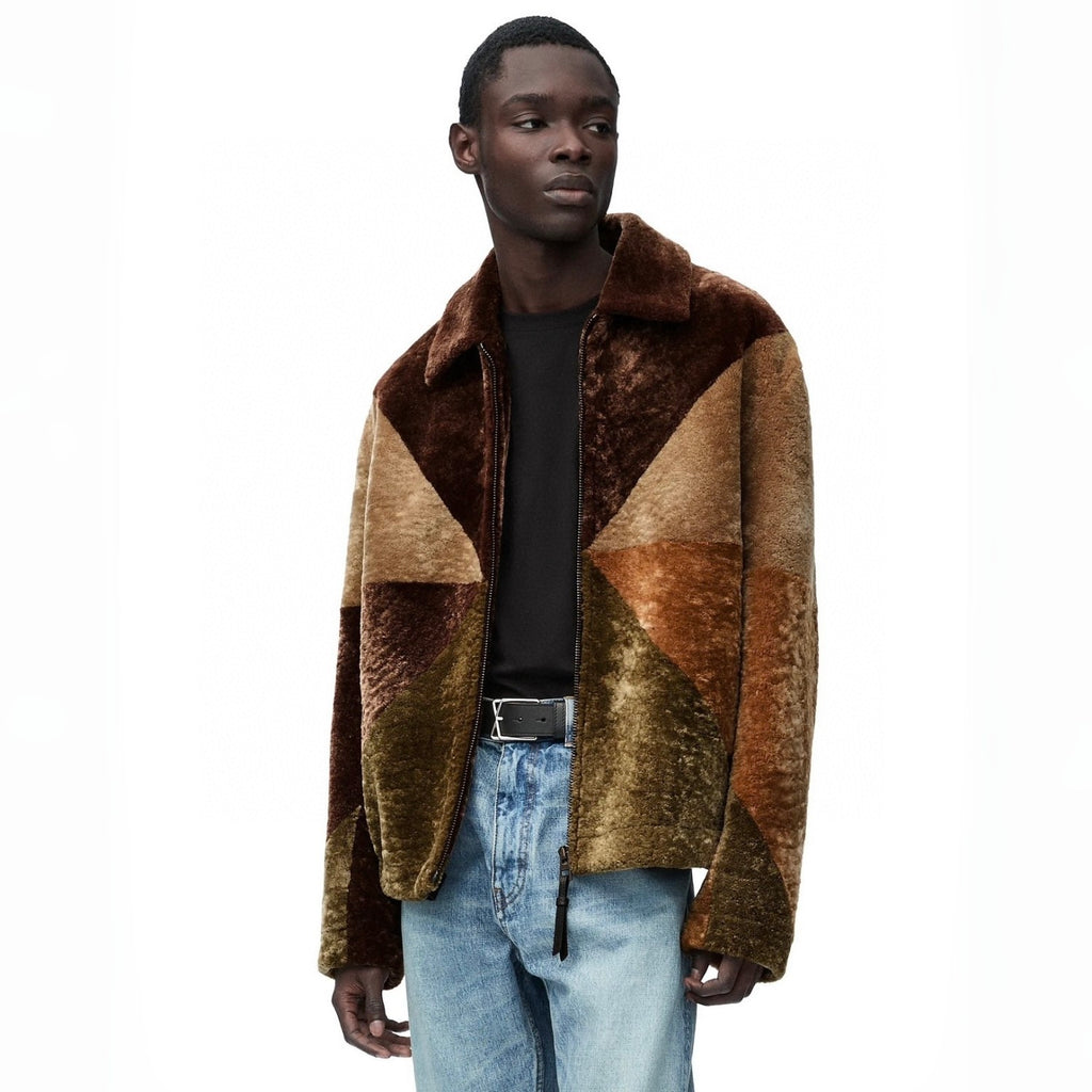 Loewe Men's Logo Shearling Wool Fur Spring/Fall Oversized Collar Contrast-Color Embossed Zipper Jacket Ngvp #2541