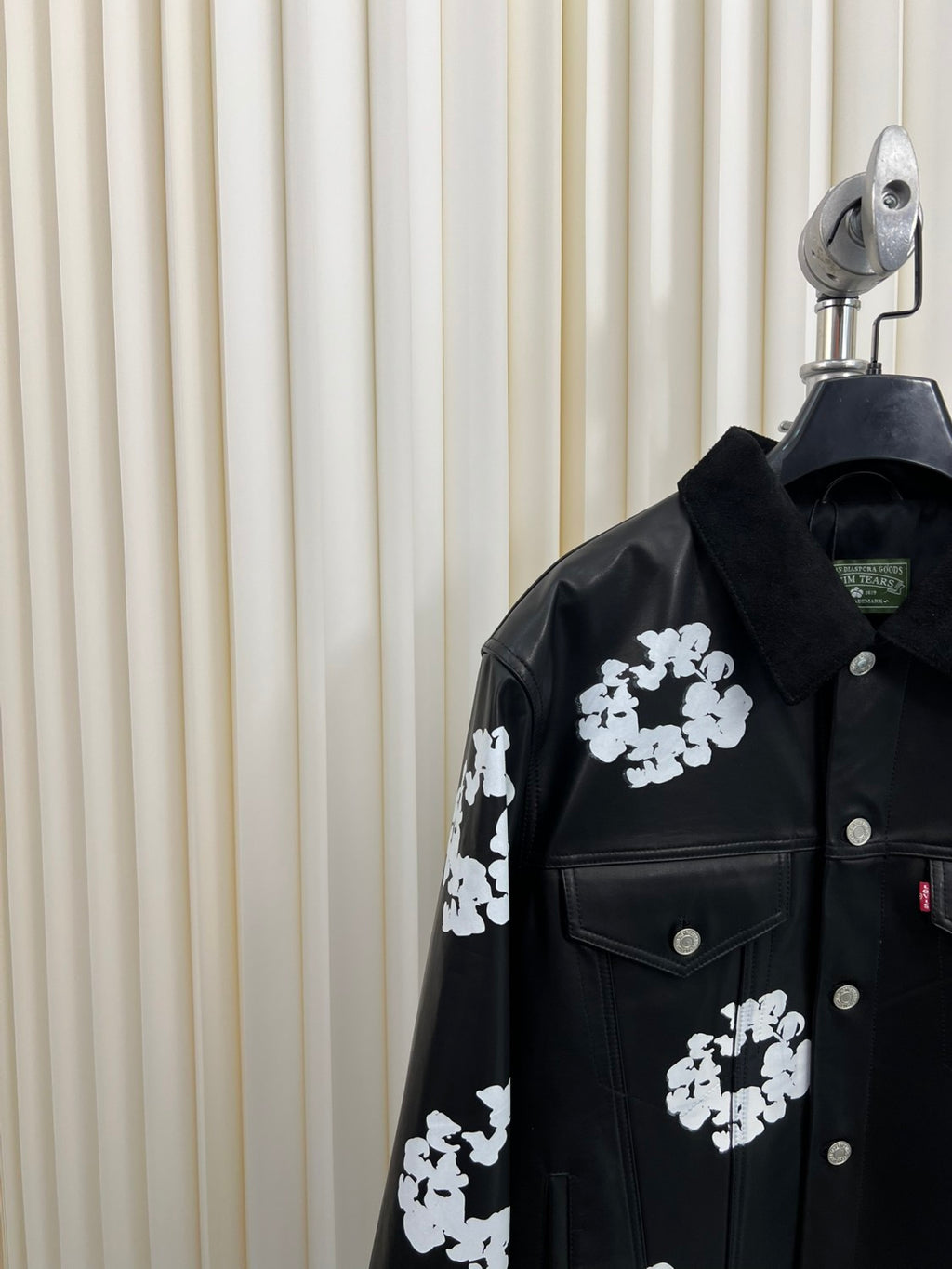 Denim Tears x Levi's Men's and Women's Autumn and Winter Black Leather Cotton Loop Logo Printed Lapel Single Breasted Long Sleeve Jacket Mid Calf Casual Pants Suit Set #74881