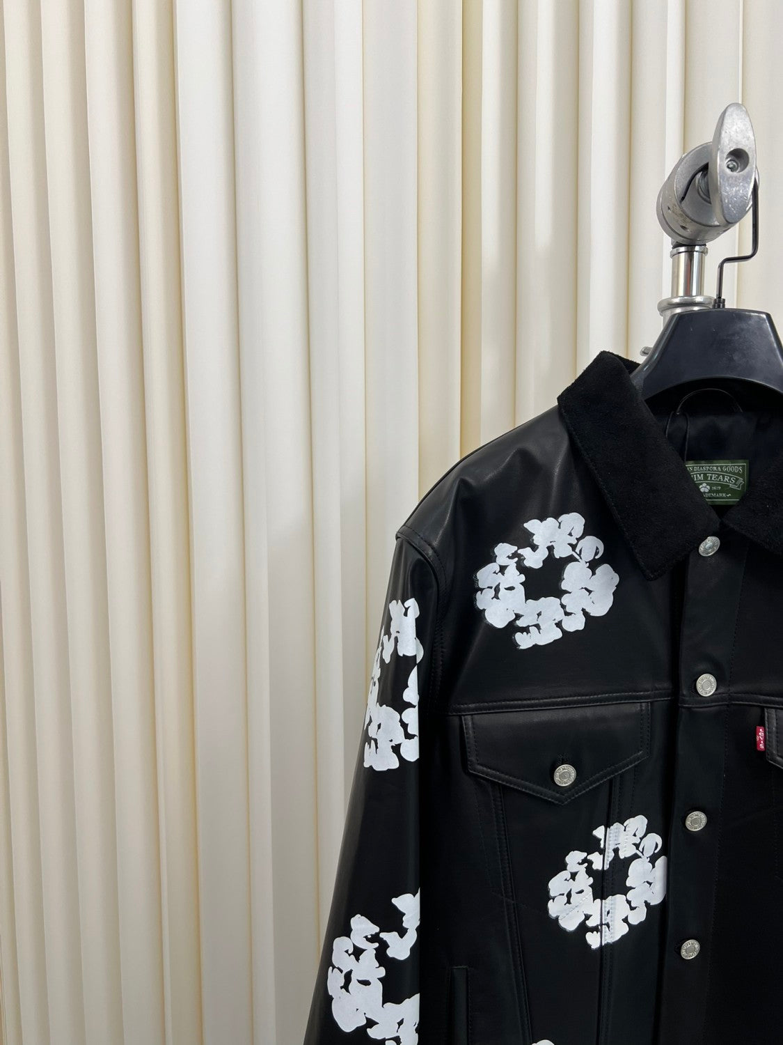 Denim Tears x Levi's Men's and Women's Autumn and Winter Black Leather Cotton Loop Logo Printed Lapel Single Breasted Long Sleeve Jacket Mid Calf Casual Pants Suit Set #74881