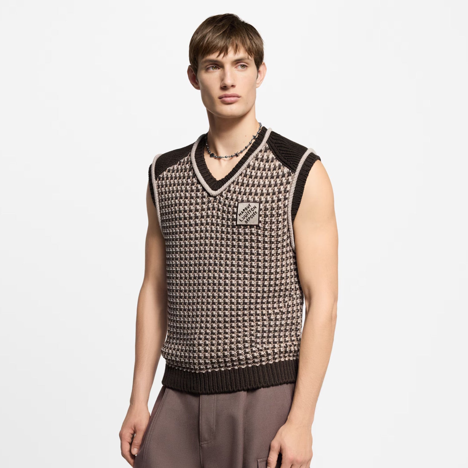 Louis Vuitton Men's Spring/Summer Brown Jacquard Cotton V-Neck Sleeveless Knitted Vest Sweater #77199