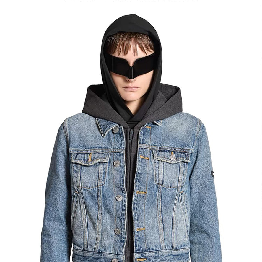 Balenciaga Men's Women's Spring and Autumn Solid Color Lapel Fit Single Breasted Long Sleeve Hooded Sweatshirt Spliced Denim Jacket Coat Ngvp #8749