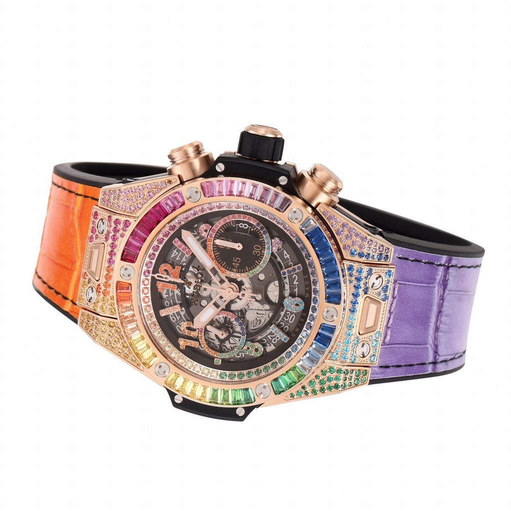 Hublot Men's Automatic Mechanical Movement Date Display Chronograph Skeleton with Colorful Diamonds Watch #76264