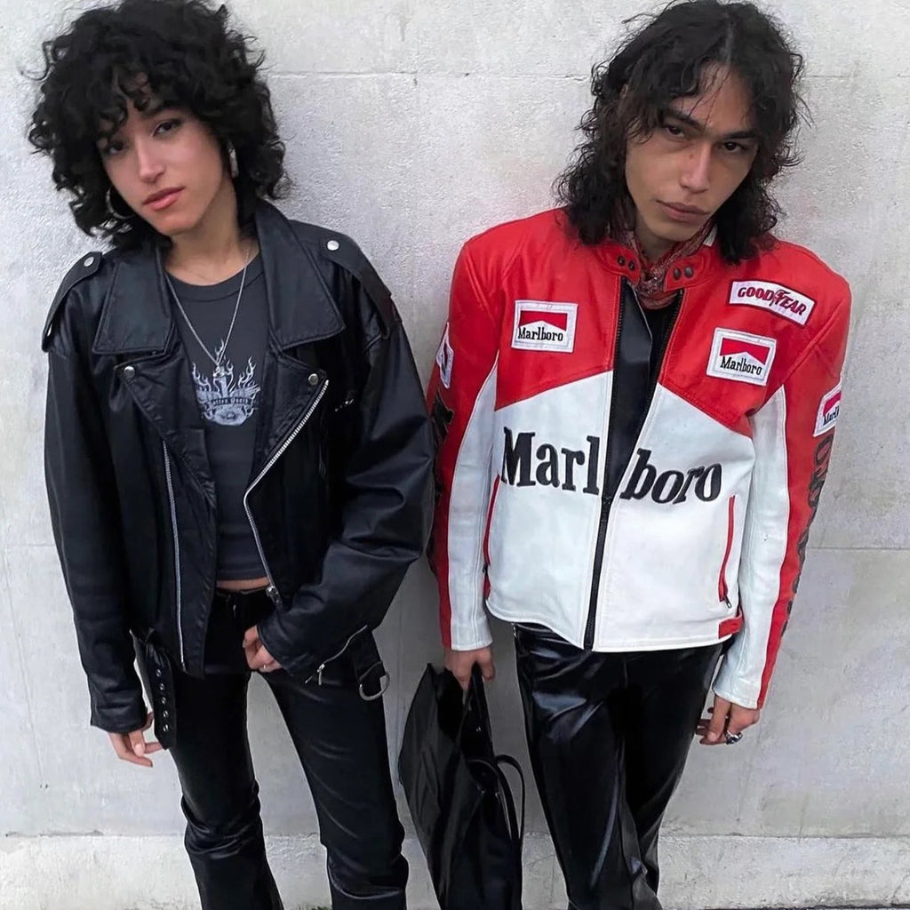 Supreme Yohji Yamamoto Marlboro Men's Women's Vintage Racing Suit Colour Blocking Fashion Leather Jacket Lapel High Street Trend Jacket Autumn and Winter #81156