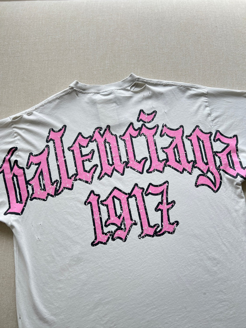 Balenciaga Men's Women's Summer Retro Back Printed Hole Breaking Round Neck Solid Color Loose Short Sleeve T-Shirt #81296
