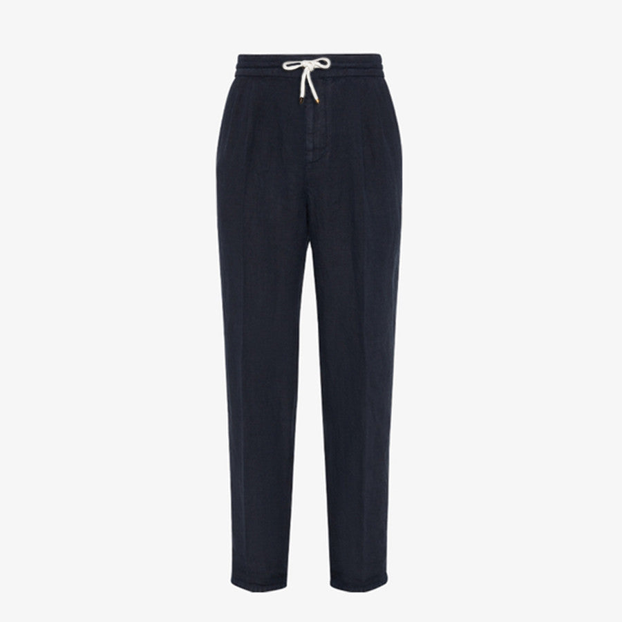 Brunello Cucinelli Men's Four-Season Drawstring Tie-Waist Plain-Colored Fitted Casual Linen Pants Ngvp #2296
