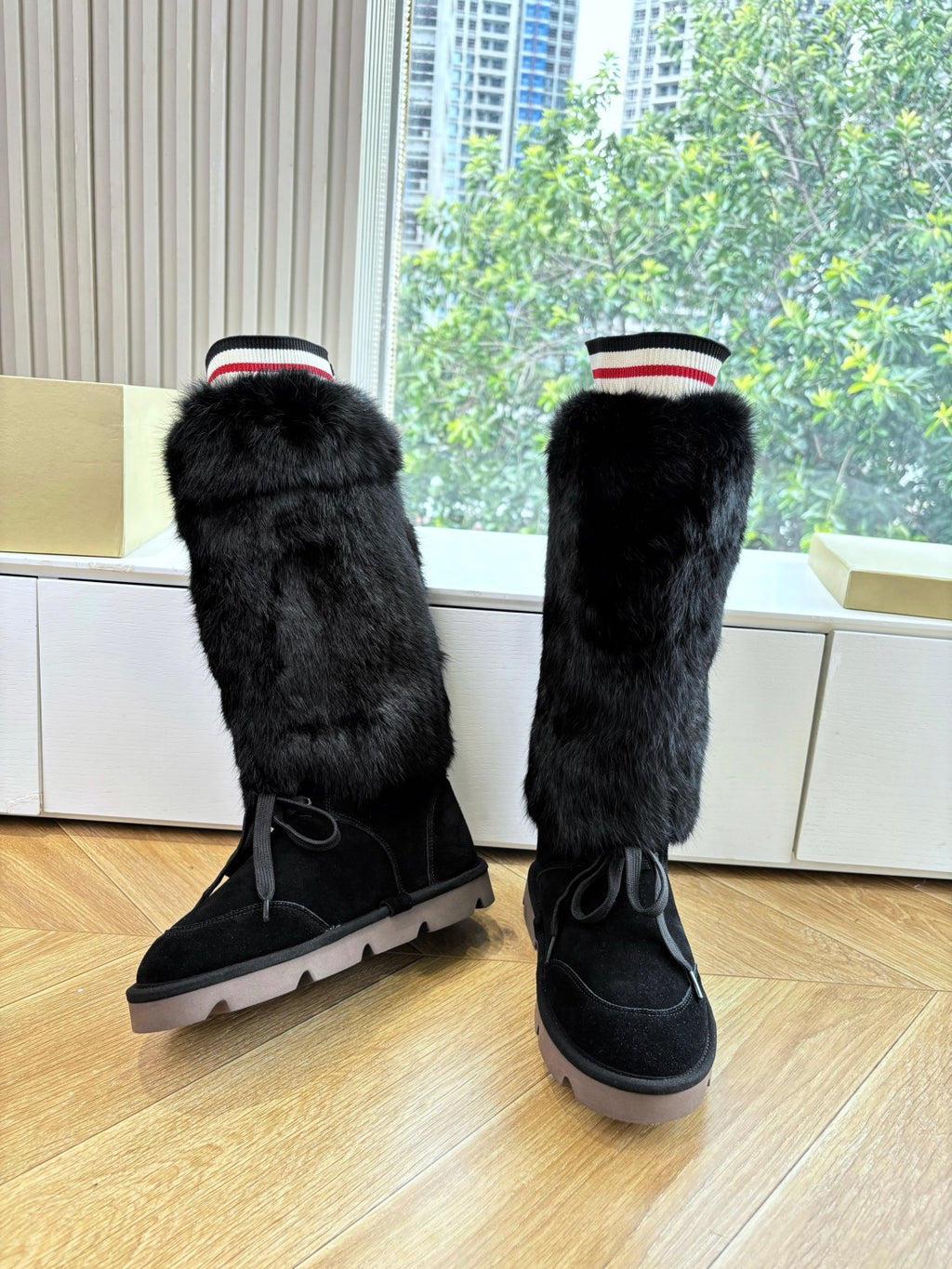 Brunello Cucinelli Women's Fall/Winter Suede Cowhide Rabbit Fur Round-Toe Zipper Lined Lamb Wool High-Top Boots Casual Solid-Color Snow Boots Shoes #81588