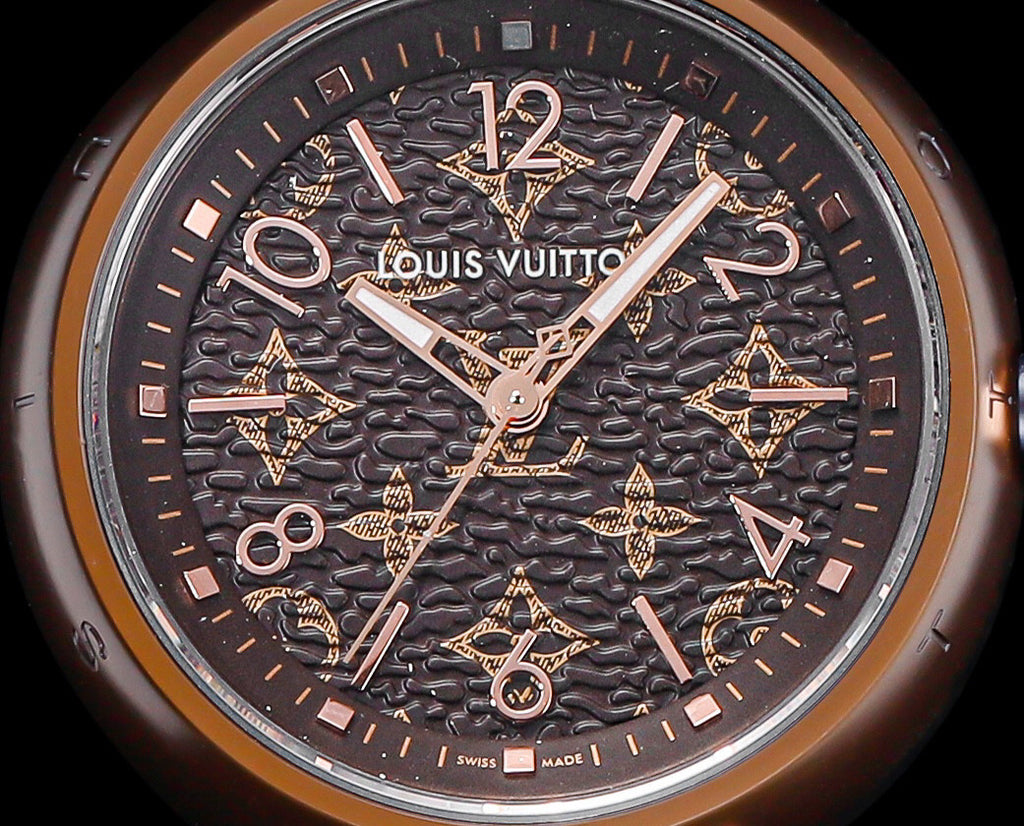 Louis Vuitton Tambour Monogram Watch Quartz Movement Canvas Strap 34mm Tan Dial 100m Water Resistant #98642