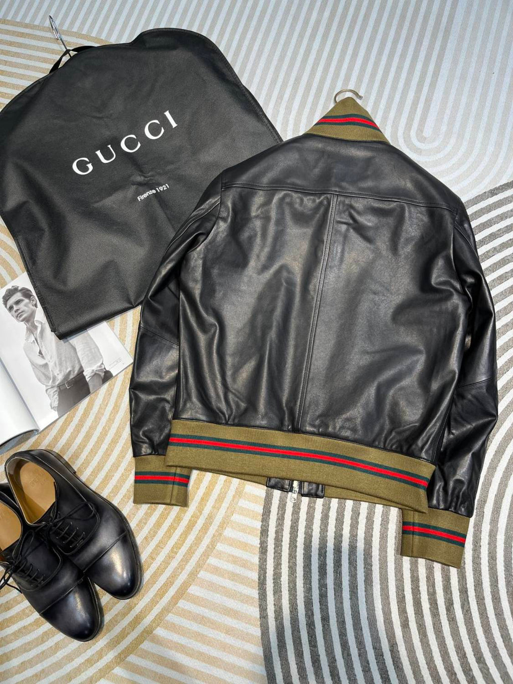 Gucci Men's Spring And Autumn Striped Standing Collar Solid Color Long Sleeve Leather Jacket Coat #99961