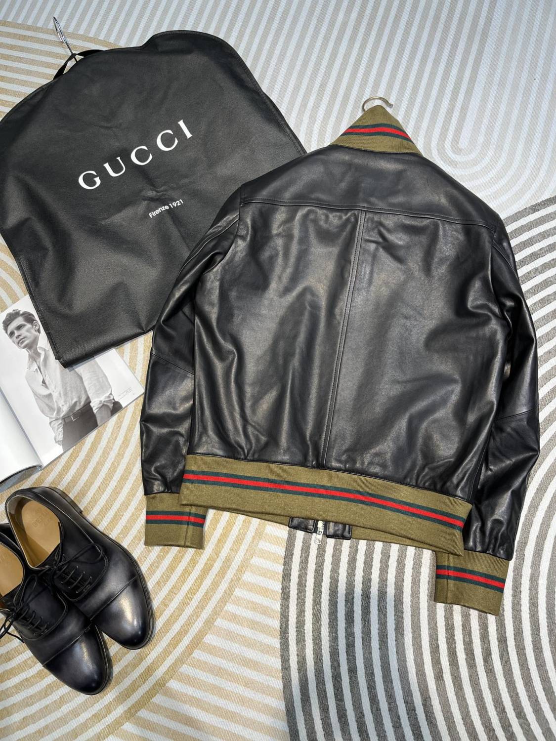 Gucci Men's Spring And Autumn Striped Standing Collar Solid Color Long Sleeve Leather Jacket Coat #99961