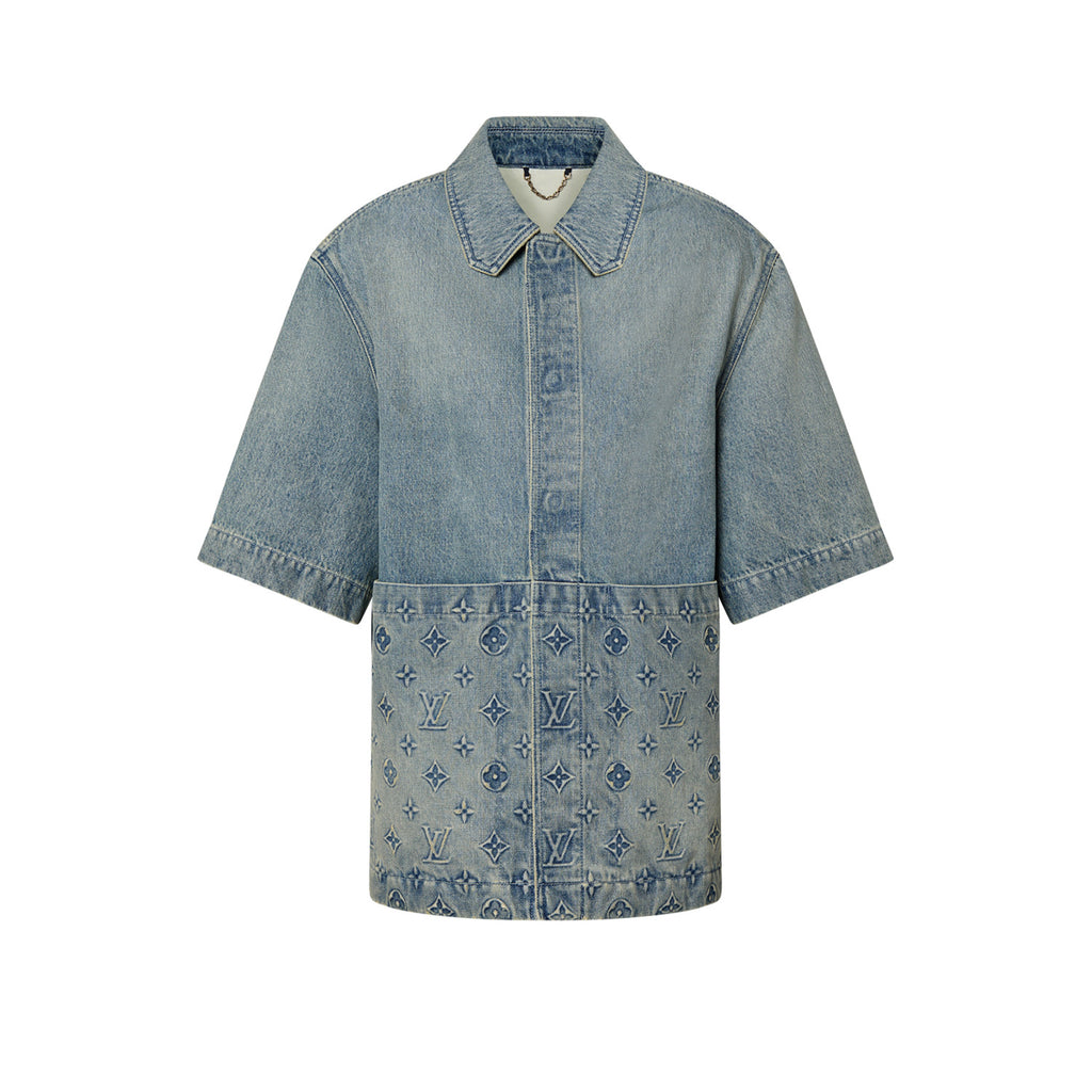 Louis Vuitton Men's Summer Fashion Casual Collared Single Button Classic Embossed Denim Short Sleeve Shirt Classic Print Zipper Mid Rise Workwear Denim Shorts Suit Set #78561