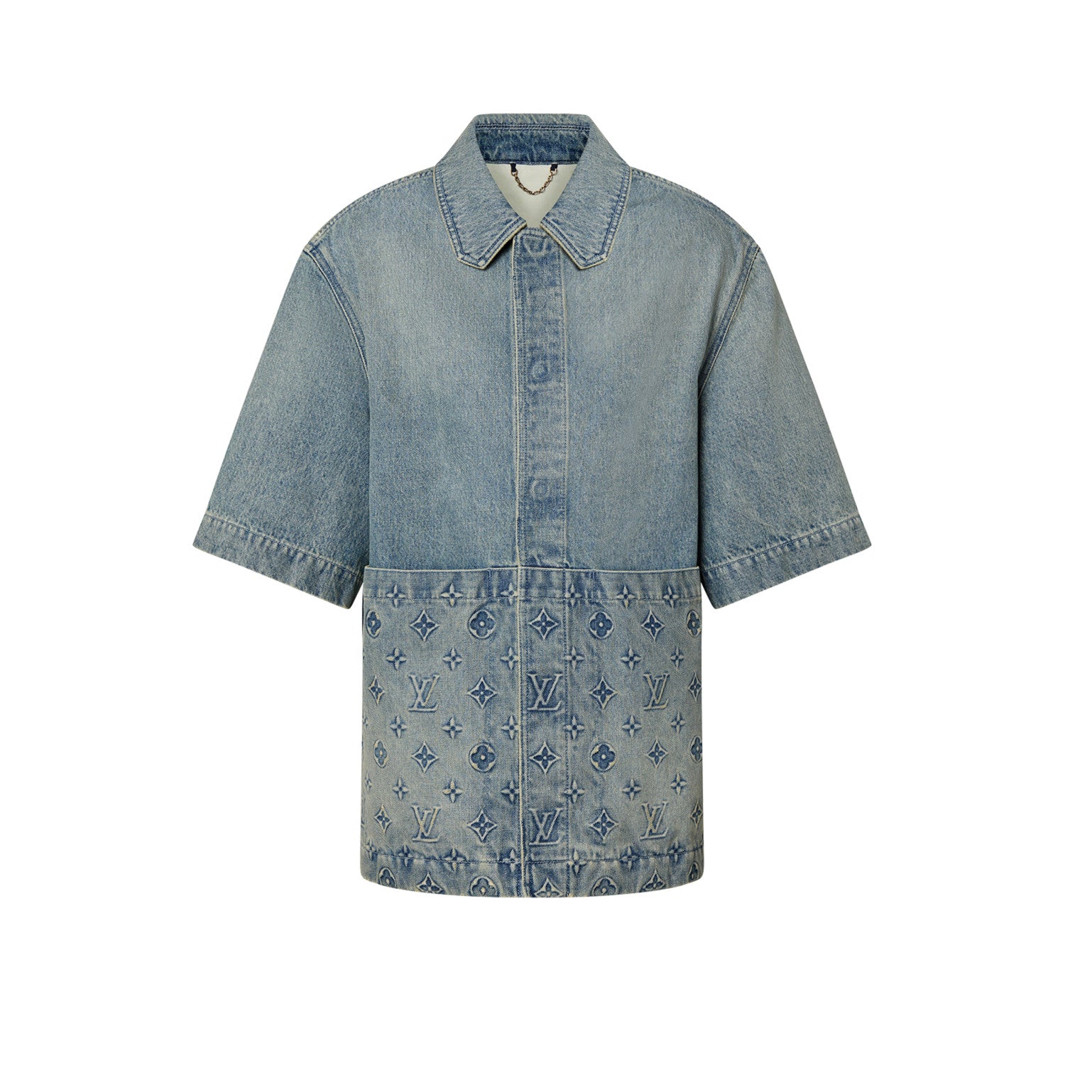 Louis Vuitton Men's Summer Fashion Casual Collared Single Button Classic Embossed Denim Short Sleeve Shirt Classic Print Zipper Mid Rise Workwear Denim Shorts Suit Set #78561