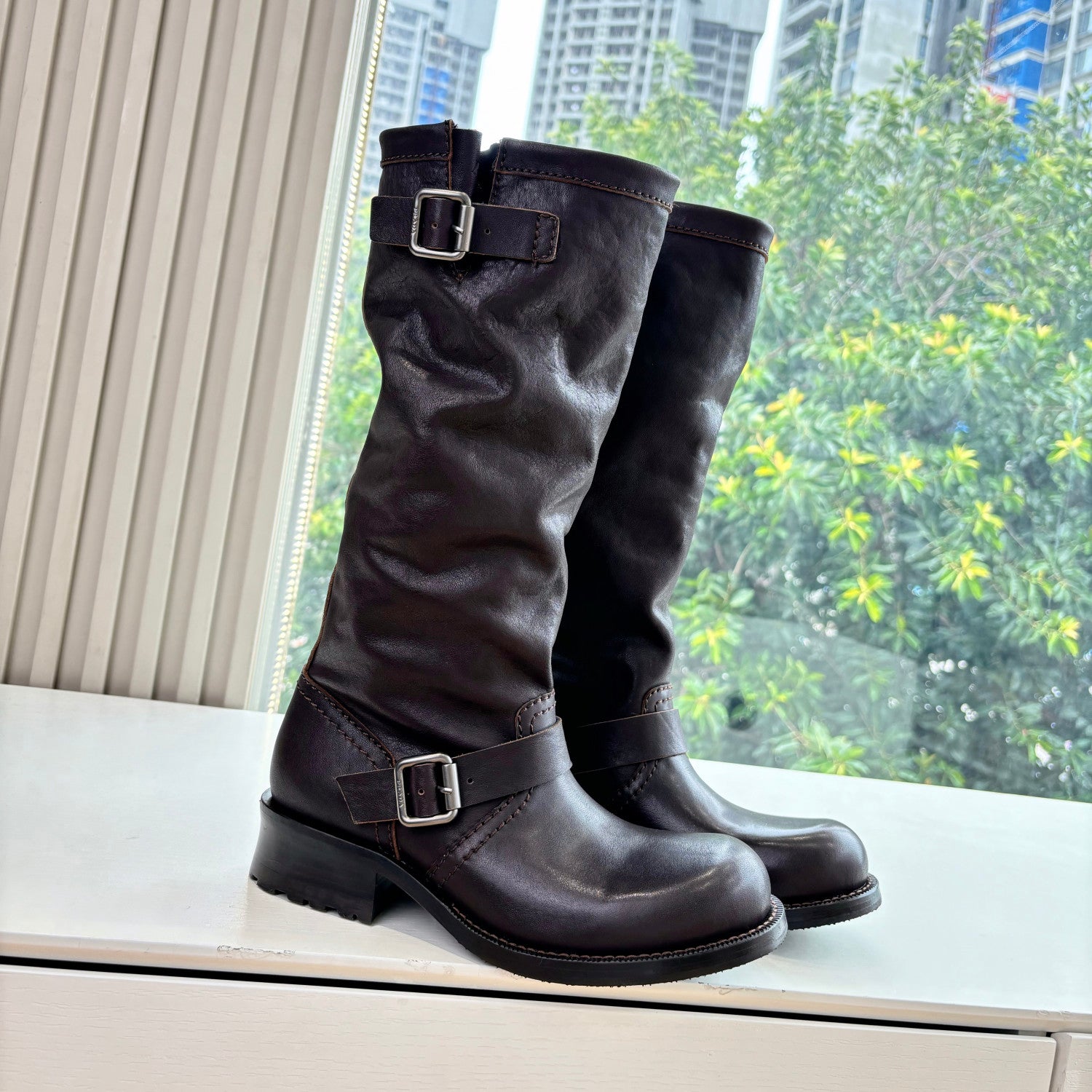 Prada Women's Fall/Winter Fashion Classic Solid Color Leather Round Toe Slip On Chelsea Boots with Creased Details Rider Boots Shoes #78914
