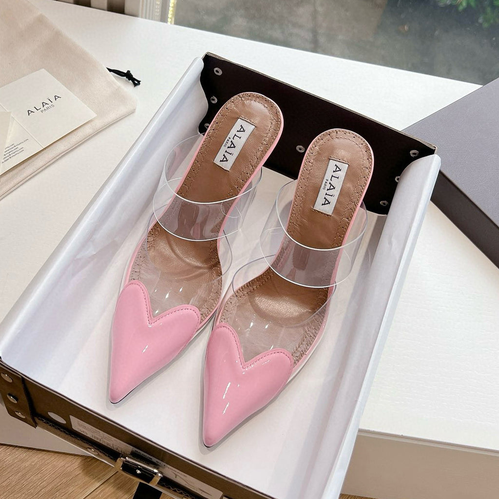 Alaia Women's Summer Fashion Elegant Pointed Toe Heart Shaped Mule Stiletto Leather Sole High Heels #78328