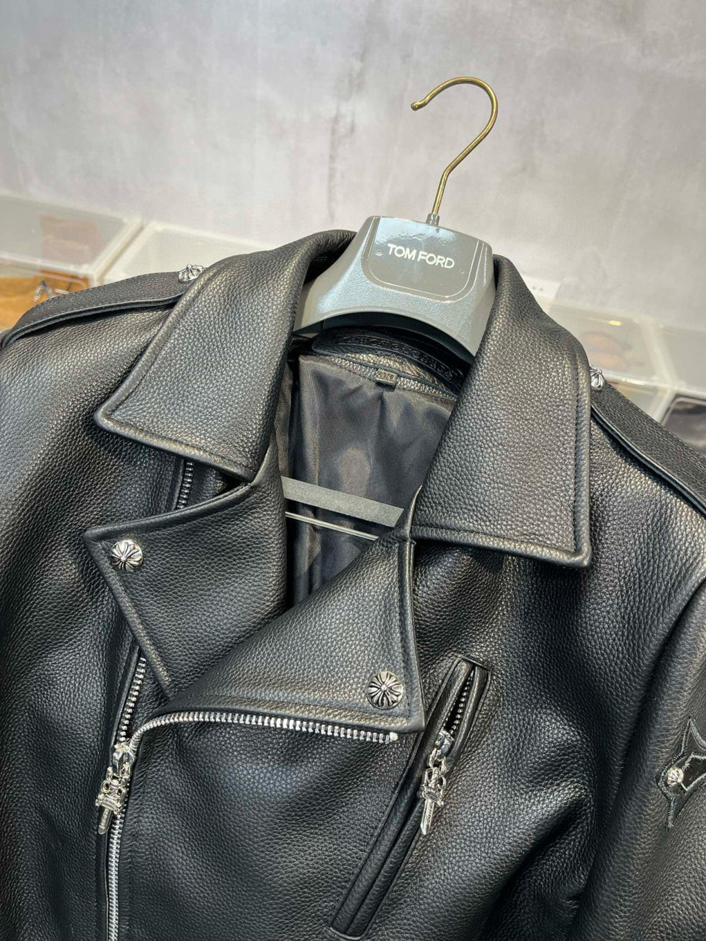Chrome Hearts Men's Spring And Autumn Black Lapel Zipper Long Sleeve Fitted Cross Leather Coat Jacket #98699