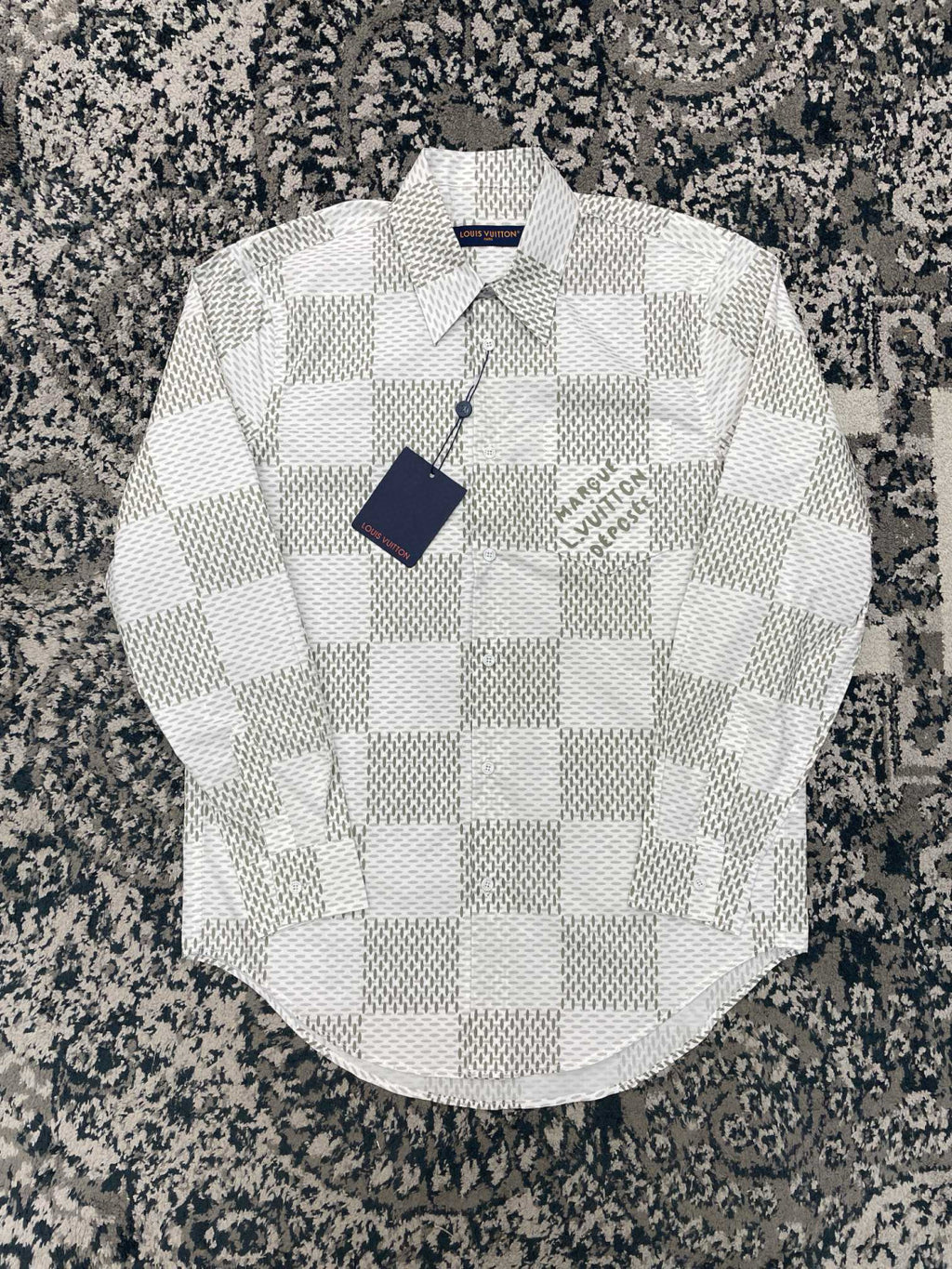 Louis Vuitton Men's Summer White Letter Check Printed Lapel Single Breasted Long Sleeve Shirt #99211