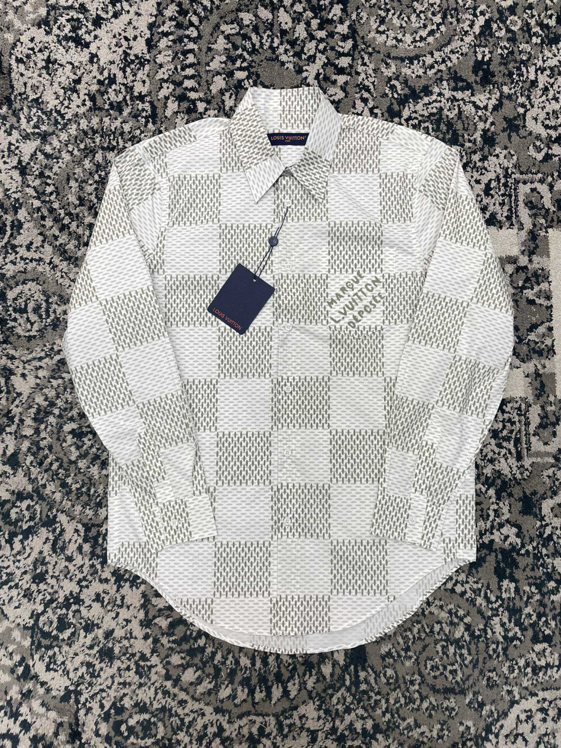 Louis Vuitton Men's Summer White Letter Check Printed Lapel Single Breasted Long Sleeve Shirt #99211