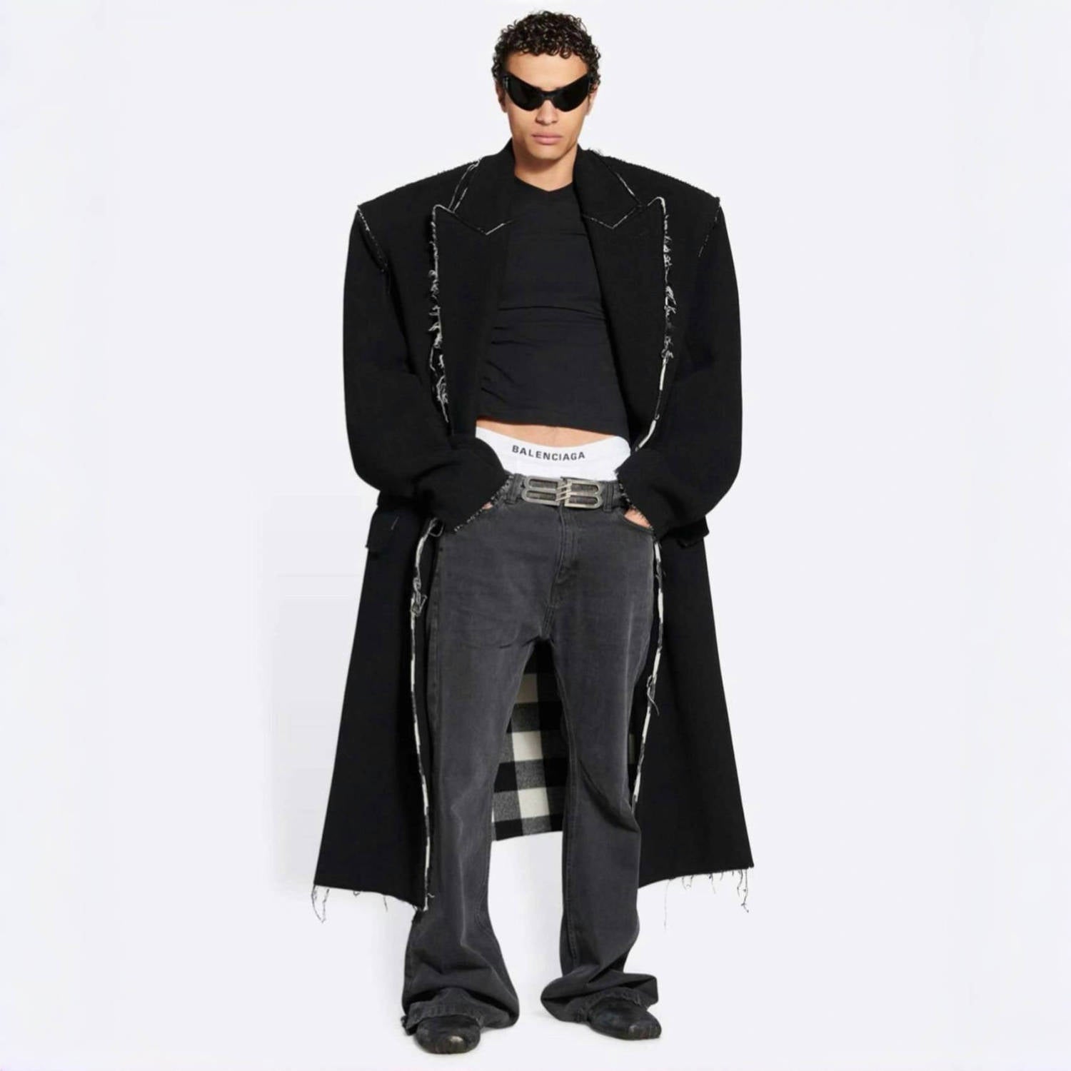Balenciaga Men's Women's Spring. Autumn And Winter Splicing Raw Edge Lapel Double Breasted Solid Color Straight Coat Jacket Ngvp #1697