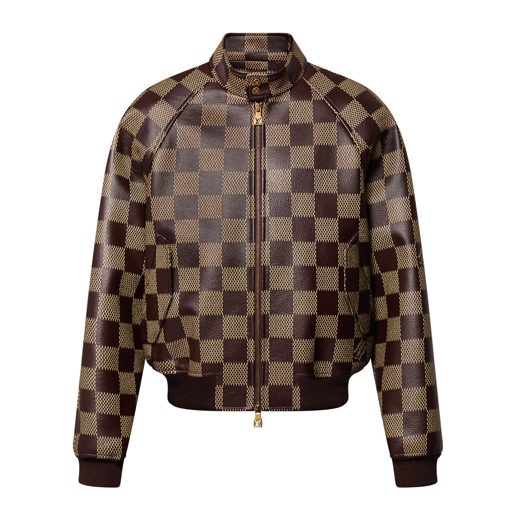 Louis Vuitton Men's Fall And Winter Brown Checkerboard Pattern Collar Zipper Cowhide Long Sleeved Jacket #72772
