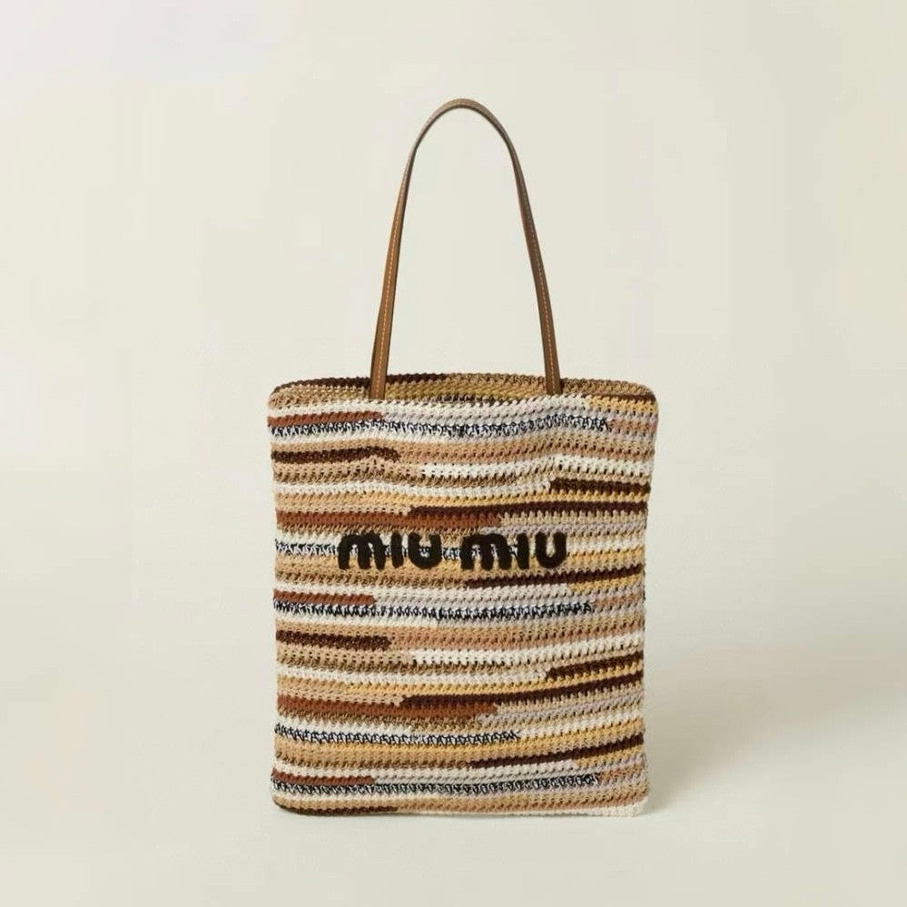 MiuMiu Women's Multicolour Embroidery Logo Crochet Shopping Bag Shoulder Handbag Tote Bags #76739