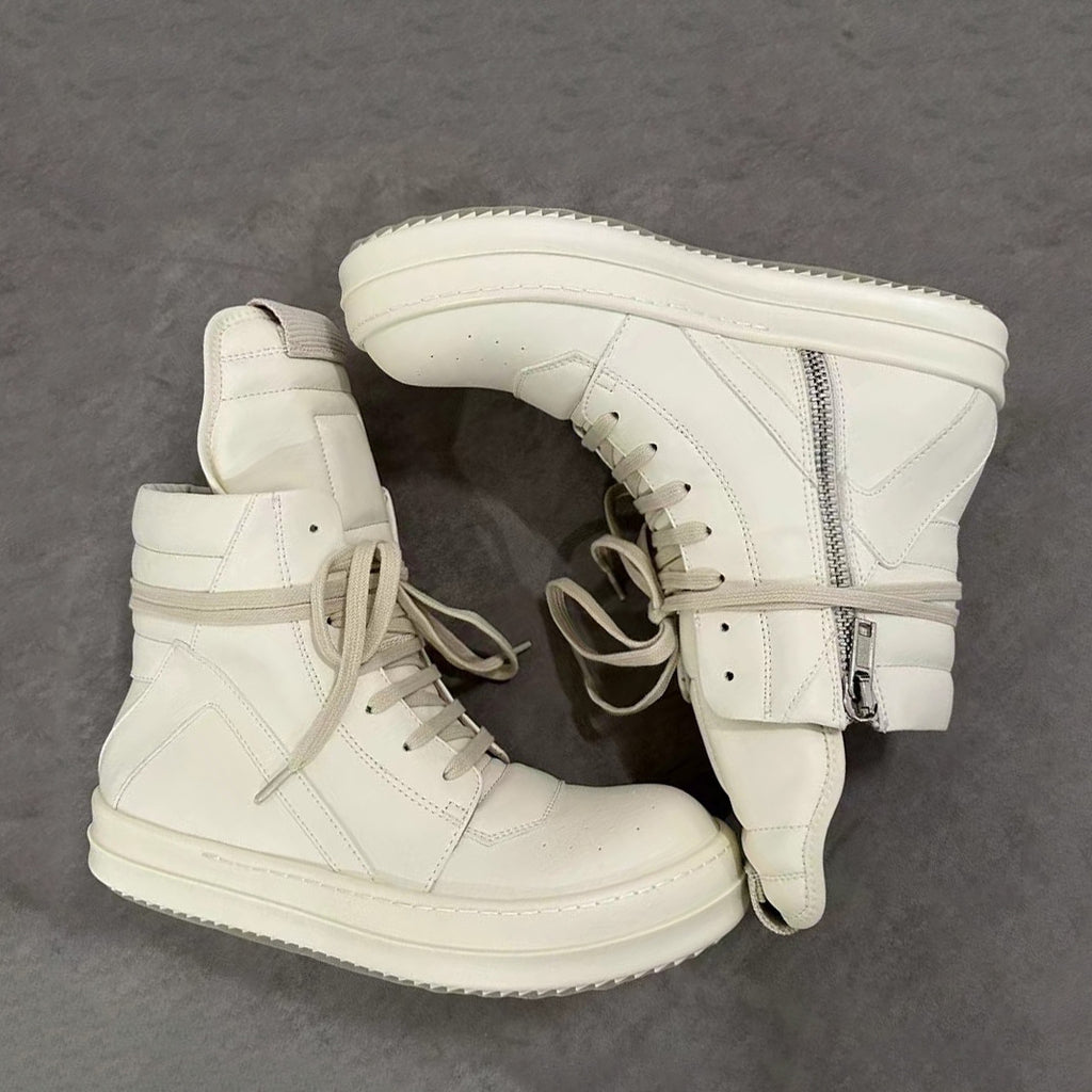 Rick Owens Men's Spring/Fall Fashion Casual Round Toe Lace Up Leather Zipper Thick Sole High Top Sneakers Shoes #78569