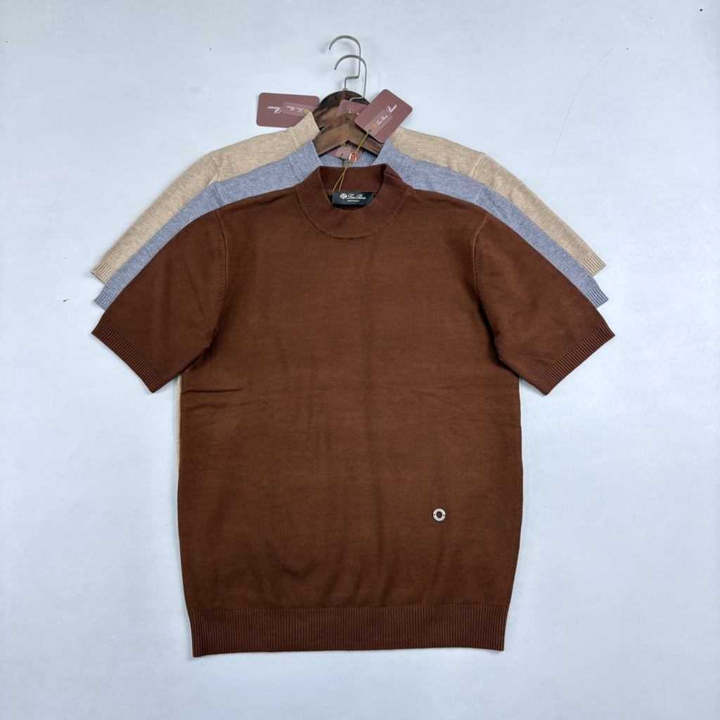 Loro Piana Men's Solid-Color Metal Logo Crew Neck Knit Short-Sleeve Sweater for Spring. Autumn. and Winter Ngvp #2725