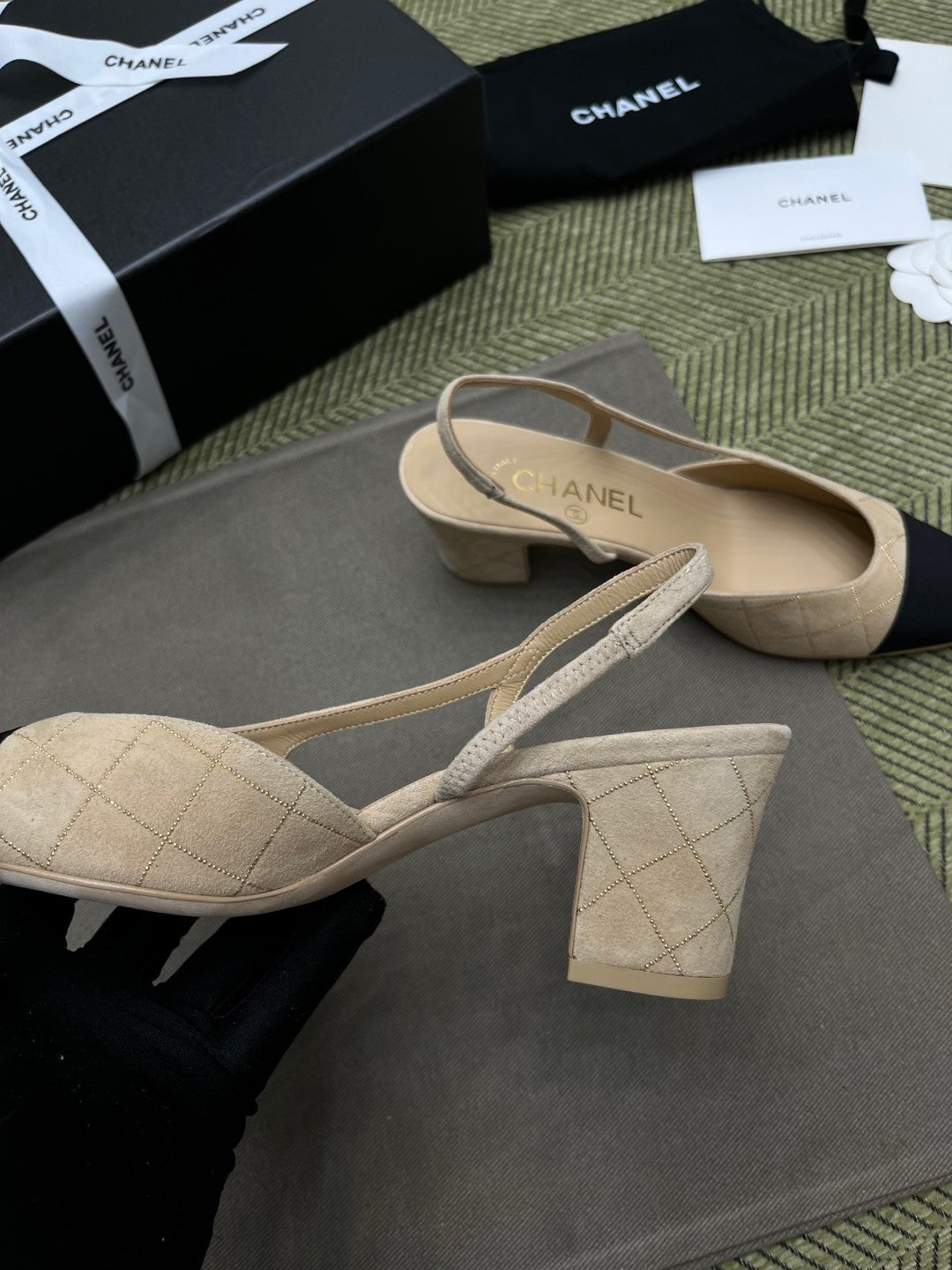 Chanel Women's Checkered Rhinestone Suede Cowhide Solid Color Chunky Heel High Heel Sandals Slingbacks Flat Shoes Spring. Summer. And Fall Casual Shoes Ngvp #2143