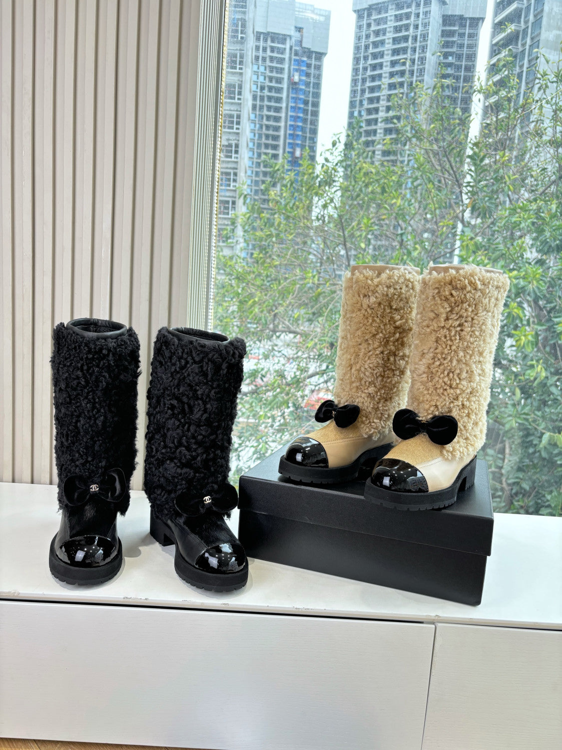 Chanel High Boots Shearling Lambskin Calfskin Lambskin Patent Calfskin Beige Black #334245
