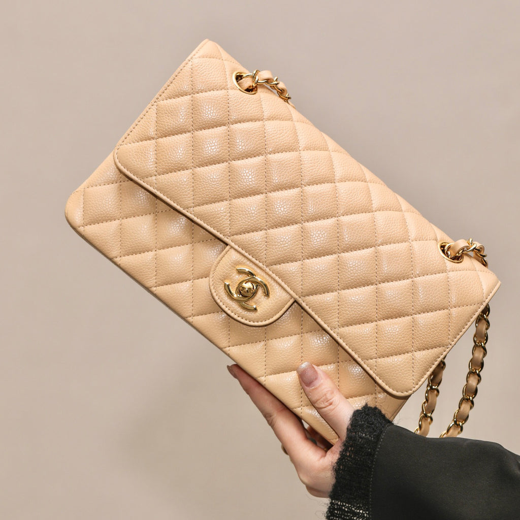 Chanel Classic Flap CF 23/25 Classic Chain Grainy Calfskin Mouth Cover Bag Shoulder Crossbody Medium Large Women's Beige Bag Bags A01112-Y01864-21209 #81232